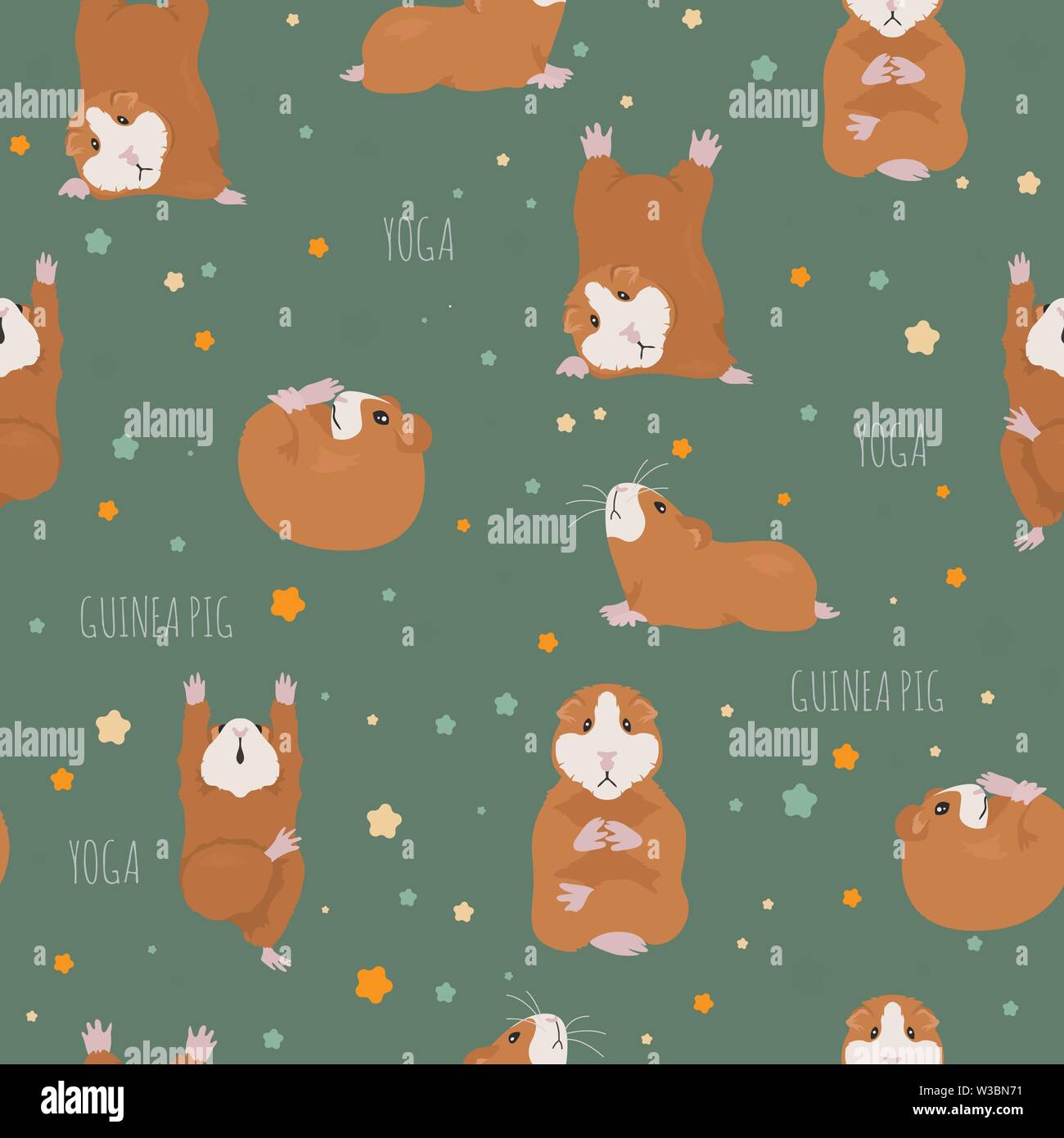 Guinea pig yoga poses and exercises. Cute cartoon seamless pattern