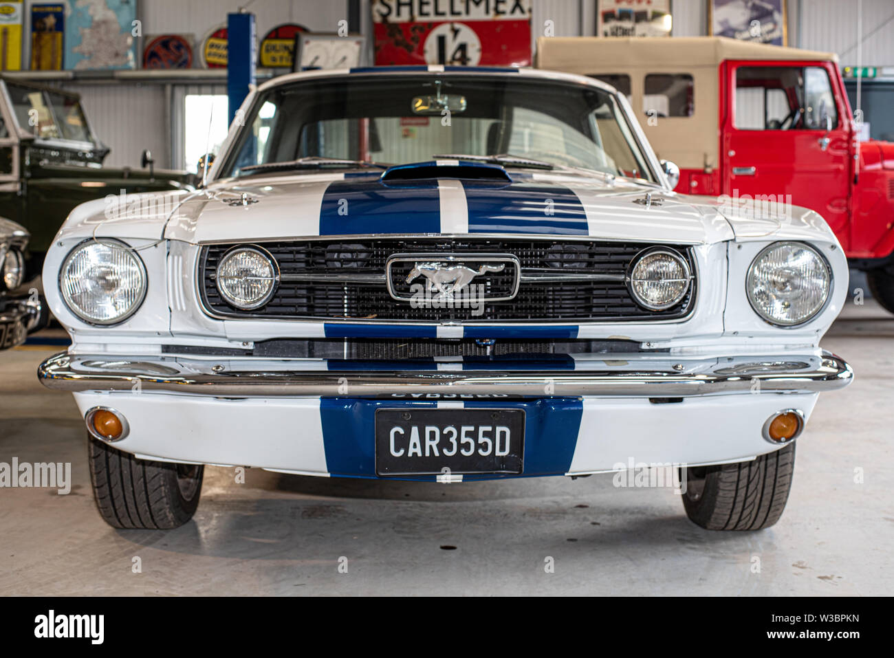 Ford Mustang in classic workshop at Autofest, Winchester Auto Barn, Sutton Scotney, Hampshire, UK Stock Photo