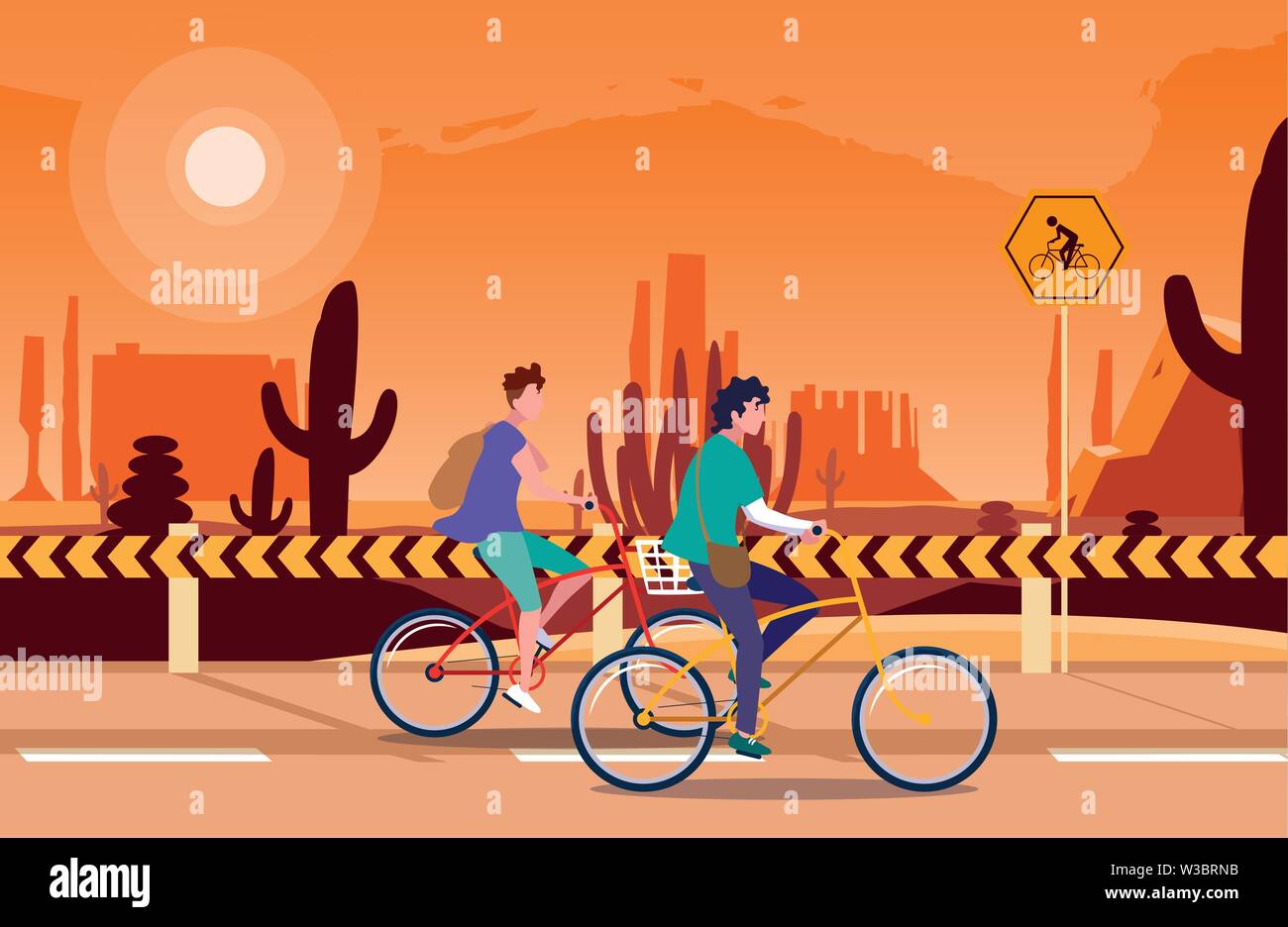 man riding the bicycle desert road traffic signal landscape vector