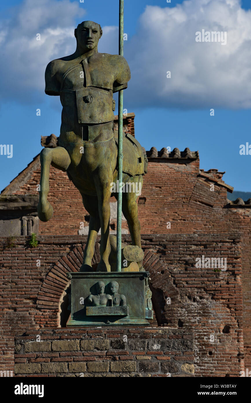 Bronze art exhibit 'Centauro' by Polish artist Igor Mitorja in the Forum, Pompeii, Italy, Europe. Stock Photo
