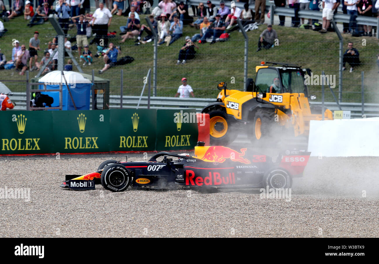 Red Bull S Max Verstappen After Suffering A Crash With Ferrari S Sebastian Vettel During The British Grand Prix At Silverstone Towcester Stock Photo Alamy