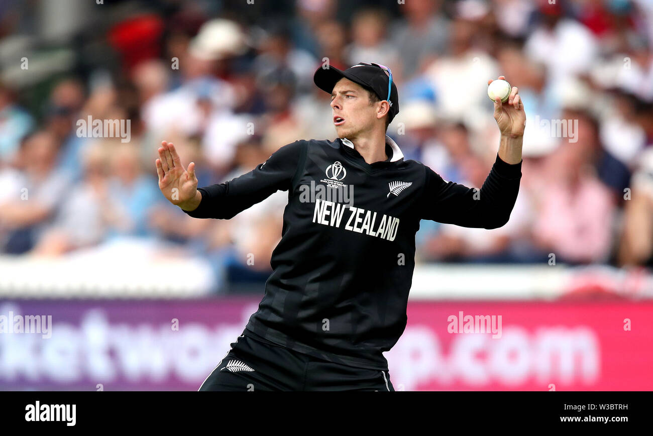 New Zealand's Mitchell Santner fields during the ICC World Cup Final at