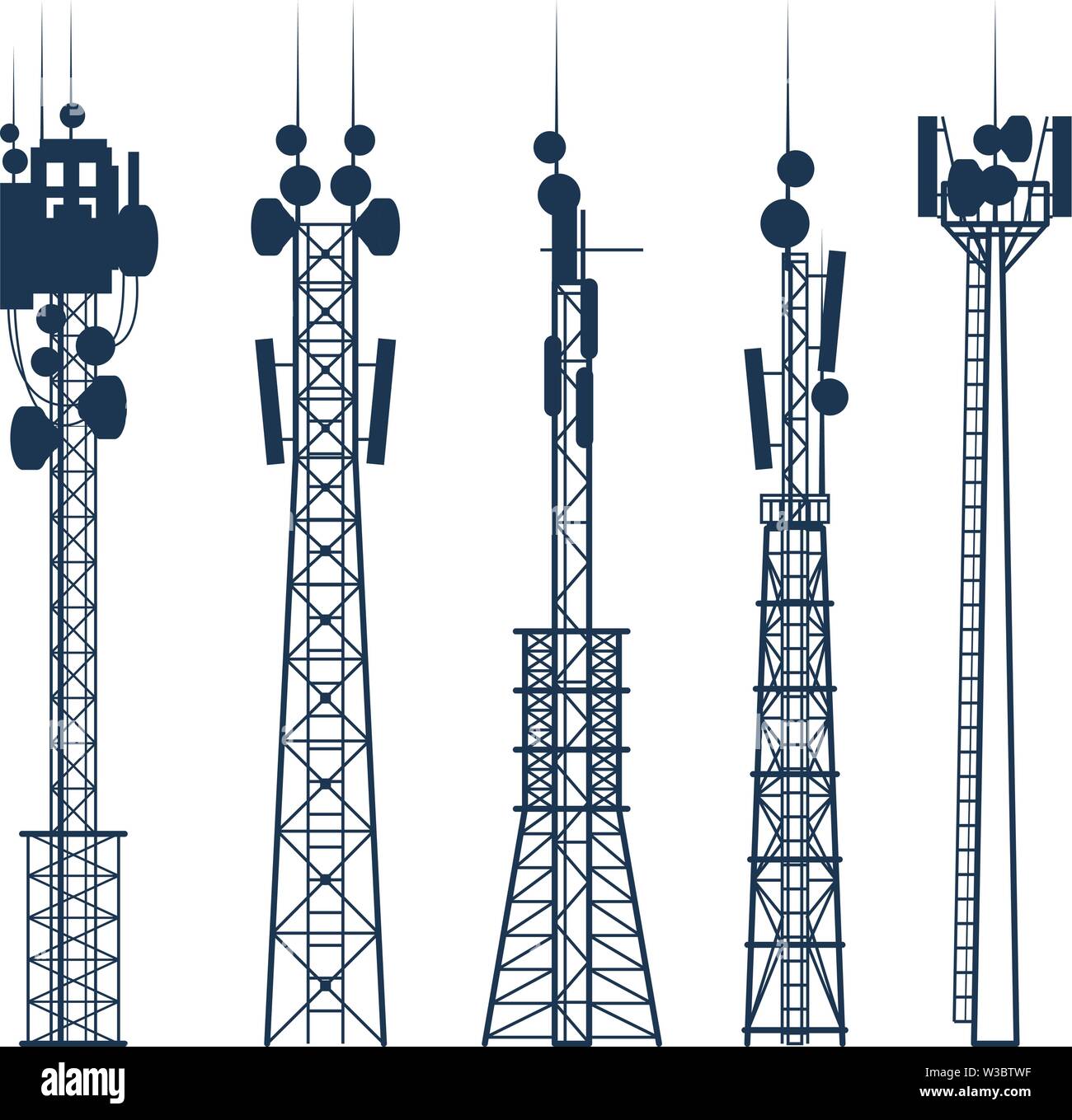Transmission cellular towers, satellite communication antenna silhouette, of radio signal tower Stock Vector