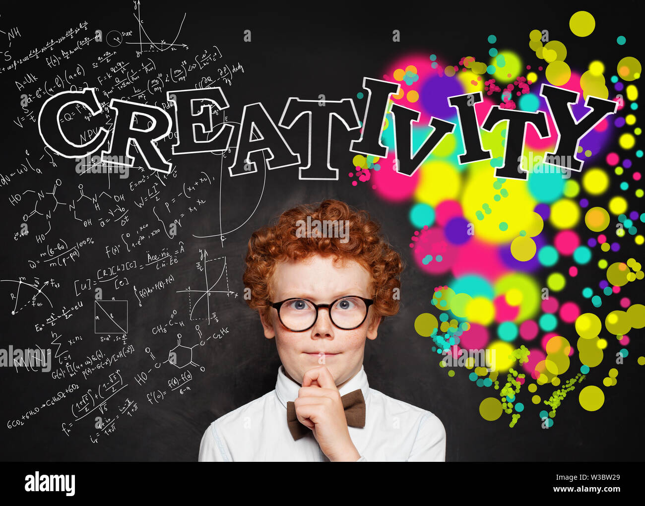Smart child thinking. Creativity education and brainstorming concept Stock Photo