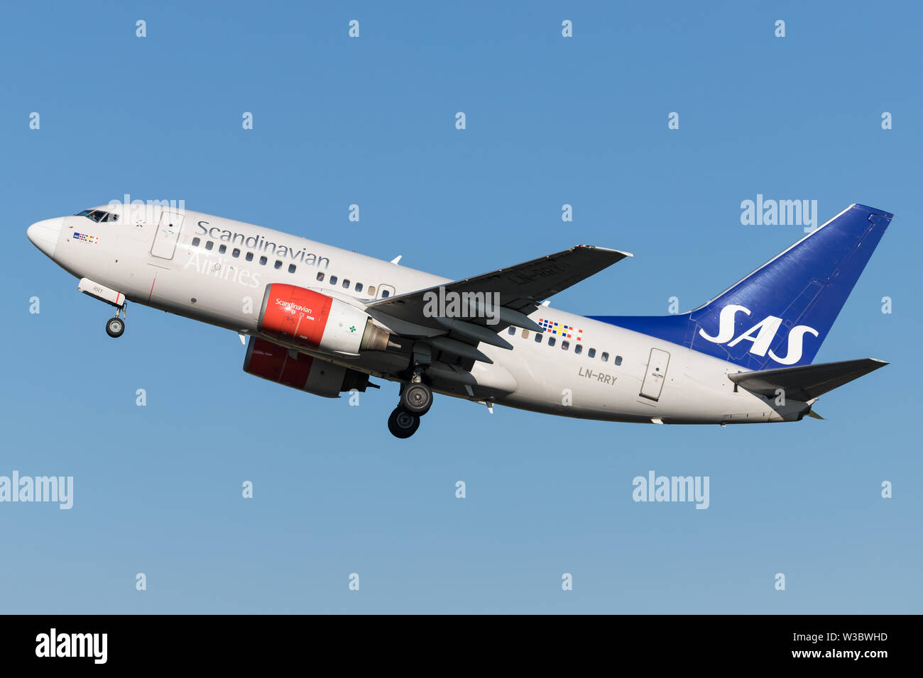 SAS Scandianvian Airlines Boeing 737-600 with registration LN-RRY just airborne at Amsterdam Airport Schiphol. Stock Photo