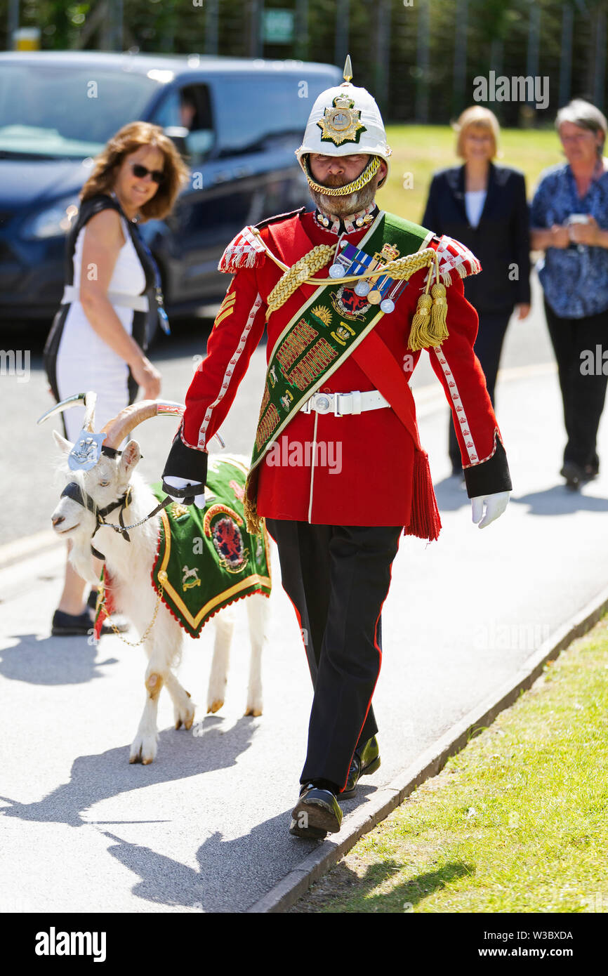 Photograph by © Jamie Callister. Goat Major Jackson and Fusilier Shenkin IV make a special appearance for the Qioptiq Board Visit 14th May 2019 Stock Photo