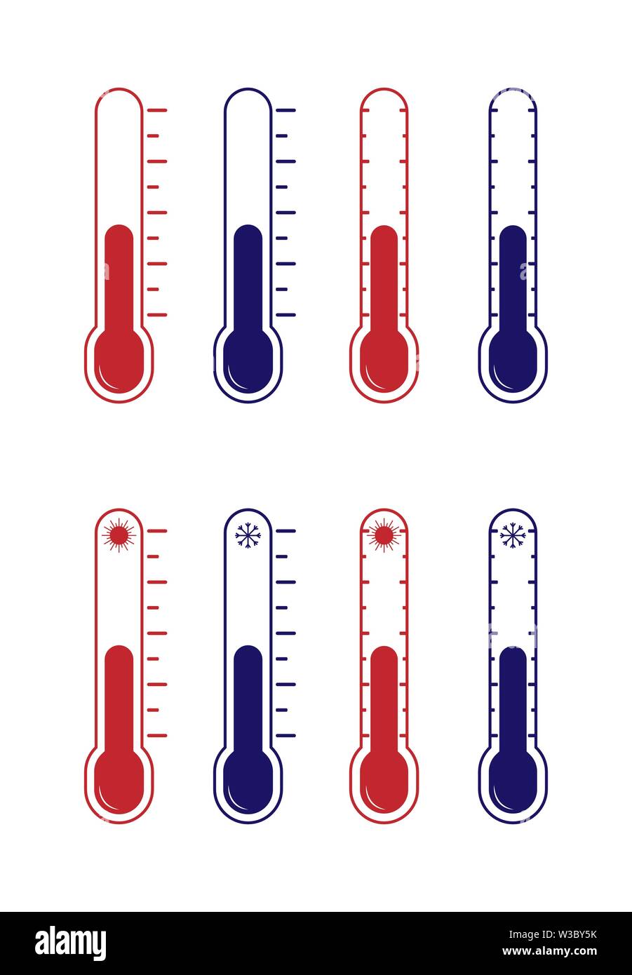 Set of vector icons. Thermometer with hot and cold temperature, flat design. Stock Vector