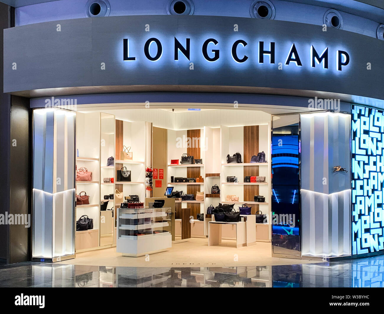 Longchamp shop in a mall. Longchamp is a French luxury leather goods company, selling fashion accessories and ready to wear bags. Istanbul/ Turkey - A Stock Photo