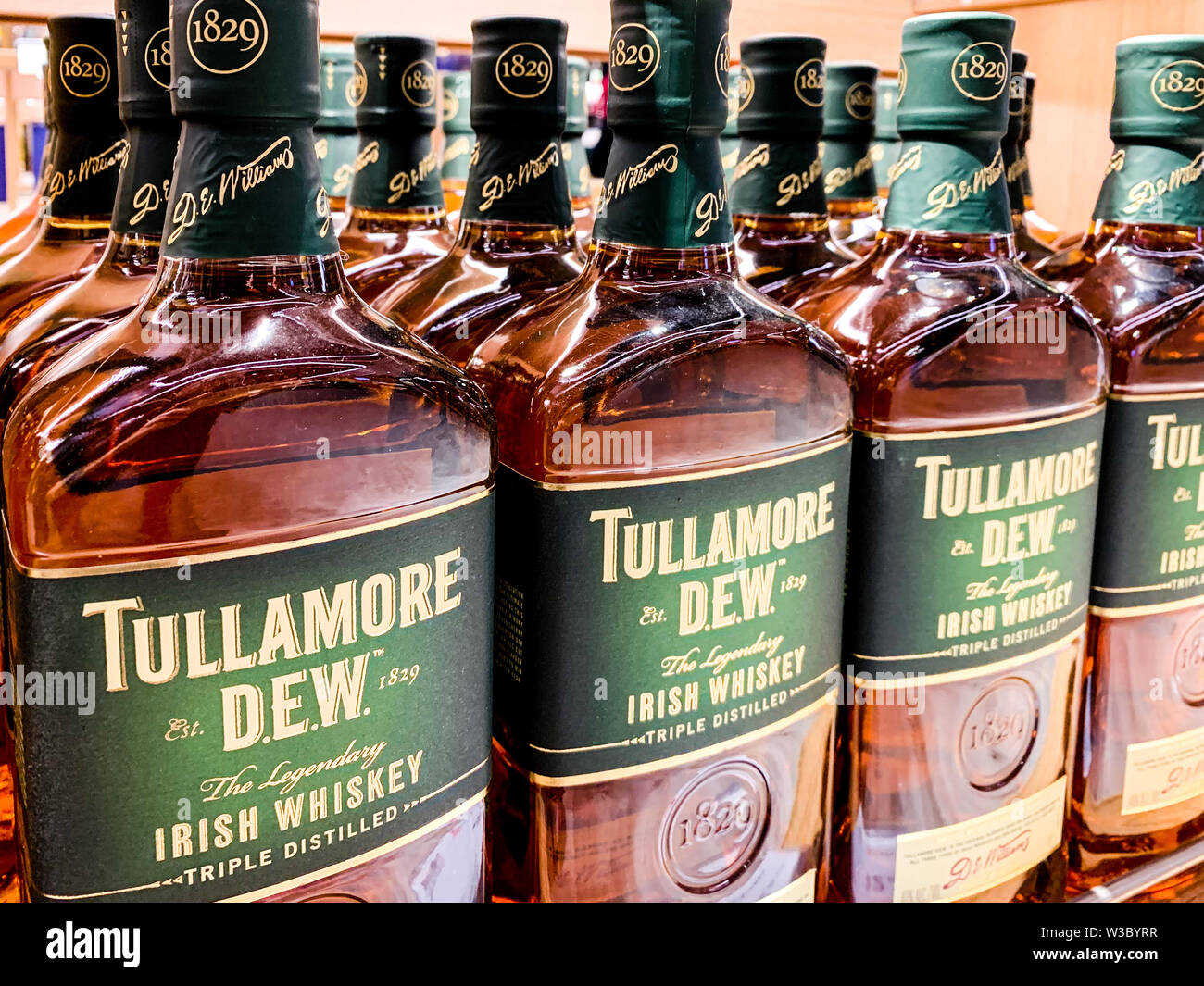 Bottles of Tullamore Dew whisky, an Irish liquor brand founded in 1829, selling internationally. Istanbul/ Turkey - April 2019 Stock Photo