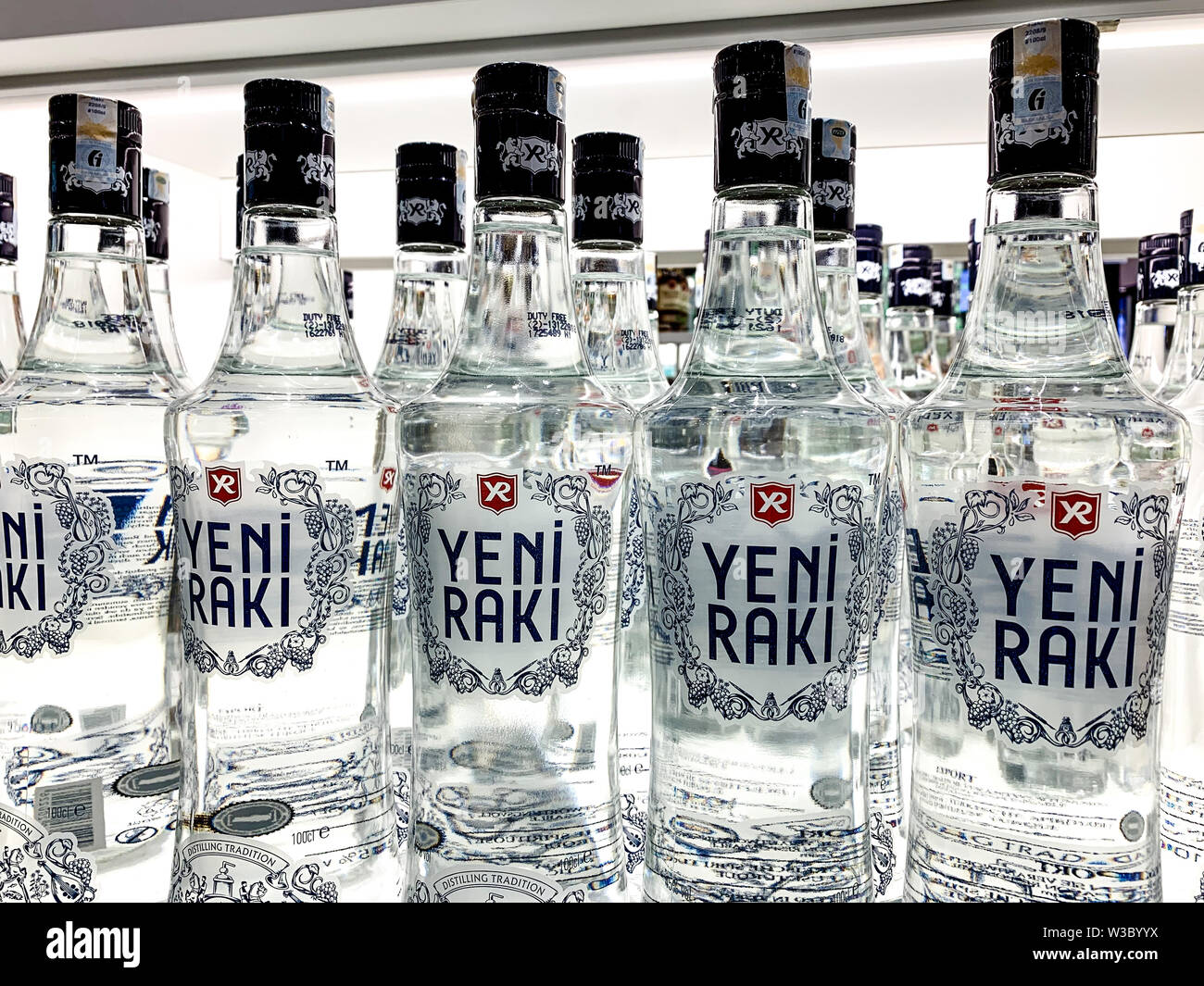 Yeni Raki is a sweetened, often anise-flavoured, alcoholic drink that is popular in Albania, Turkic countries, Turkey and in the Balkan countries as a Stock Photo