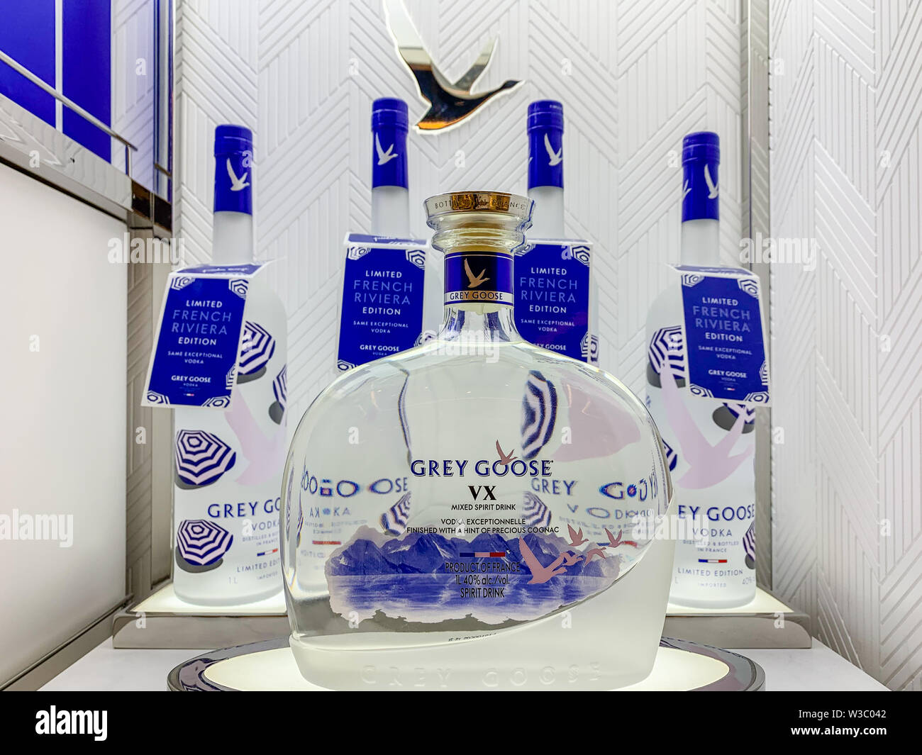 Bottles of vodka on display. Grey Goose is an expensive brand of vodka produced in Cognac - France, owned by Bacardi. Istanbul/ Turkey - April 2019 Stock Photo