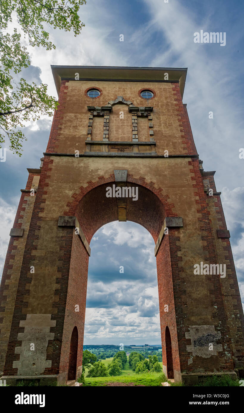 A vertical panoramic photograph of Bellmount Tower (a folly near Grantham in Lincolnshire) taken from the adjacent public footpath Stock Photo