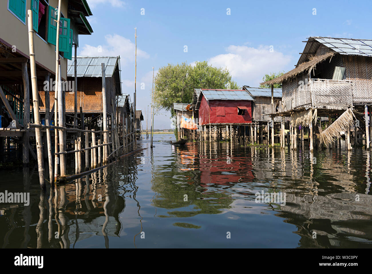 Wooden Houses on piles inhabitated by the tribe of Intha, Inle Lake
