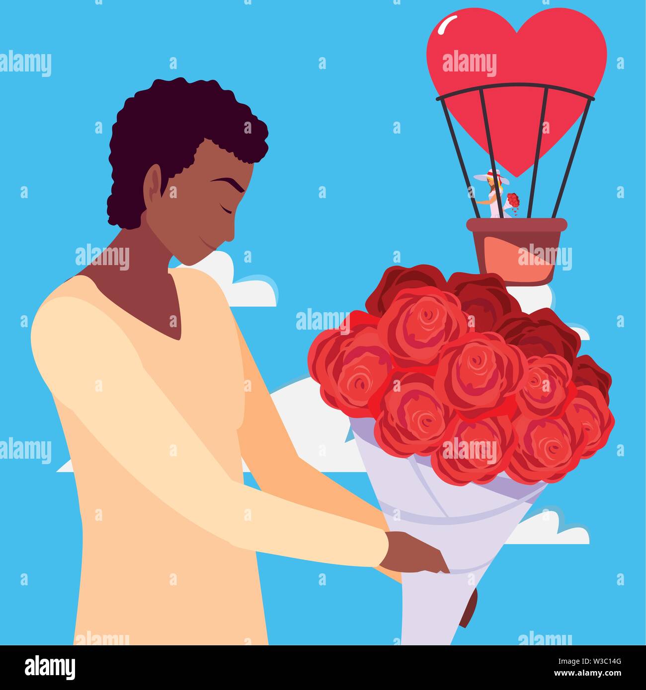 man with bouquet and woman on air balloon vector illustration Stock Vector