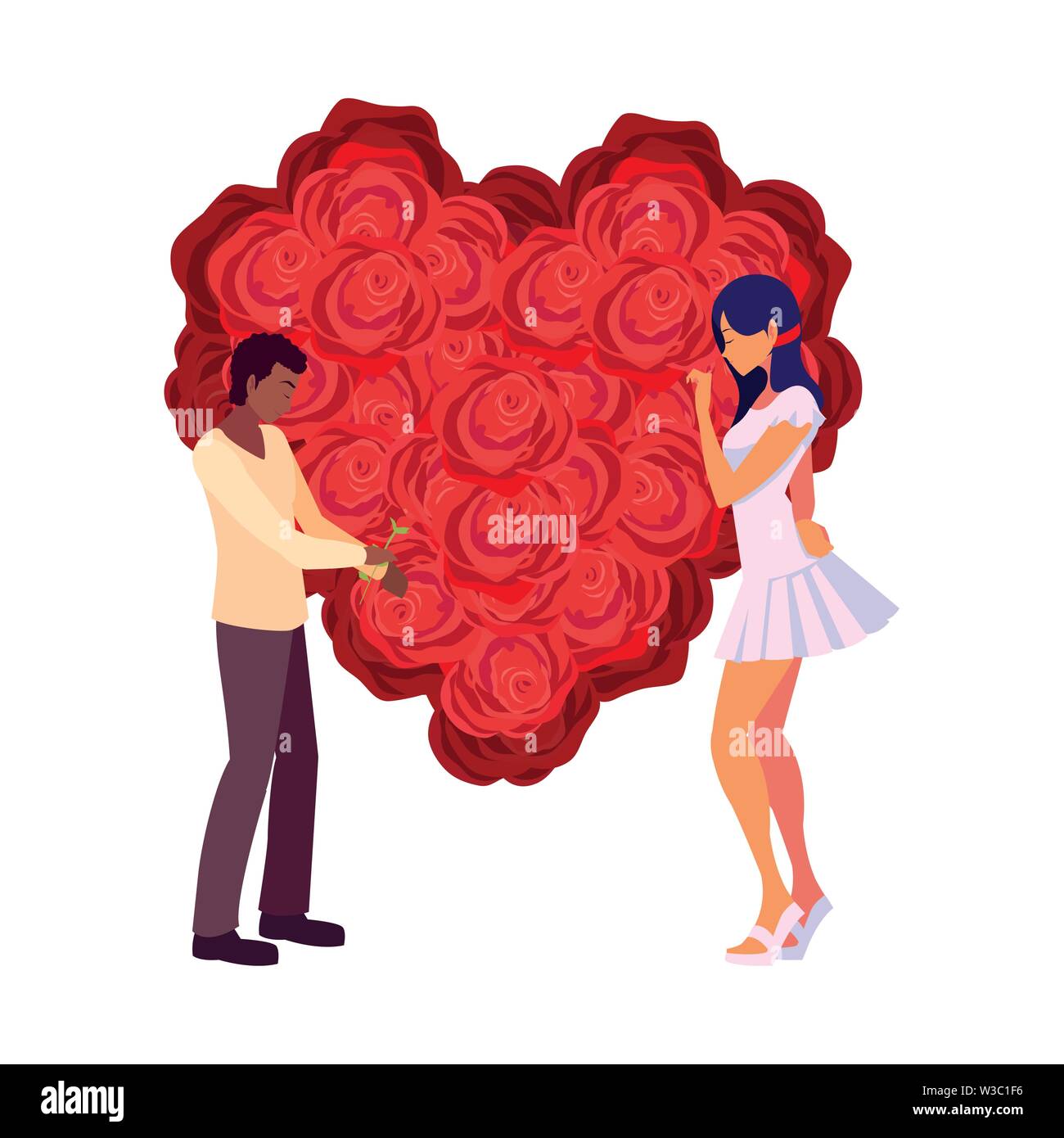 couple romantic flowers shape heart love vector illustration Stock ...
