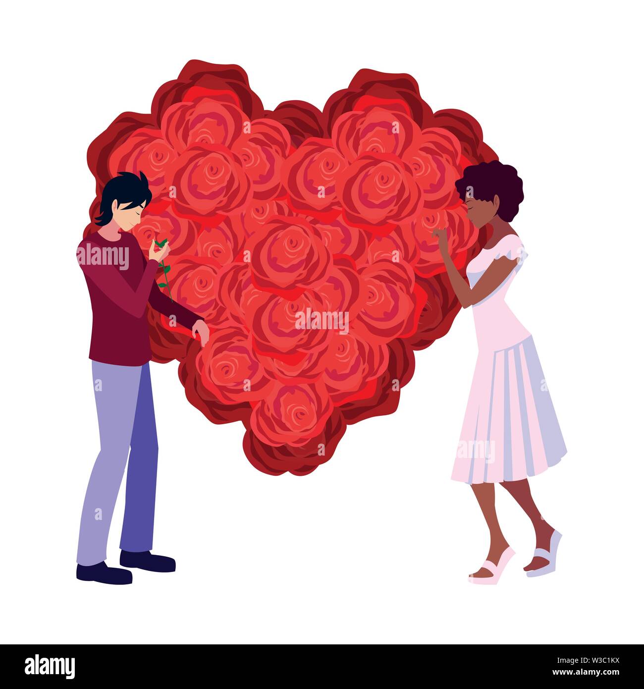 couple romantic flowers shape heart love vector illustration Stock ...