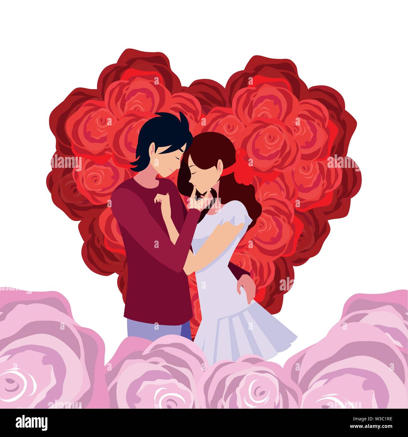 couple romantic flowers shape heart love vector illustration Stock ...