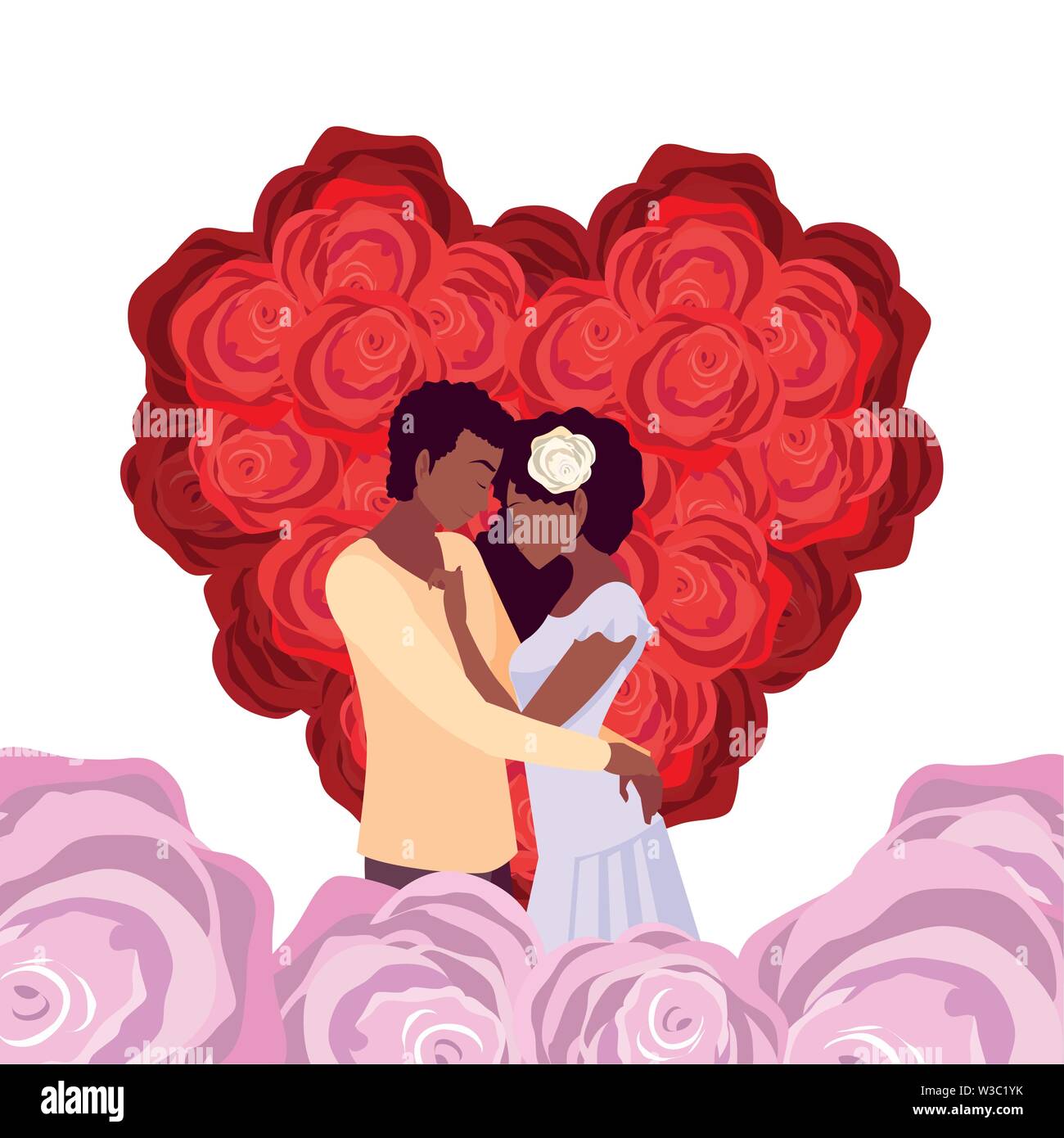 couple romantic flowers shape heart love vector illustration Stock ...