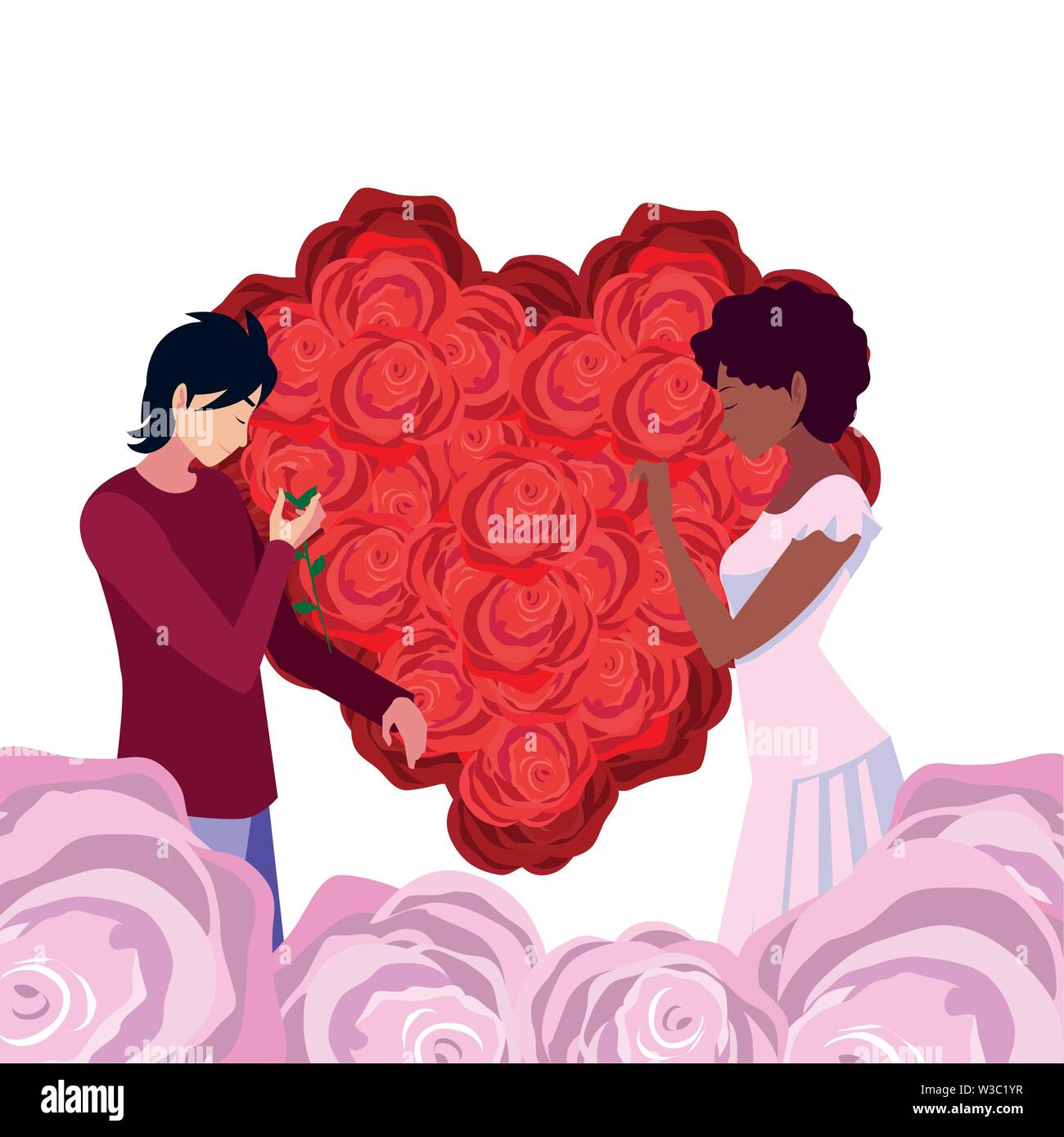 couple romantic flowers shape heart love vector illustration Stock ...