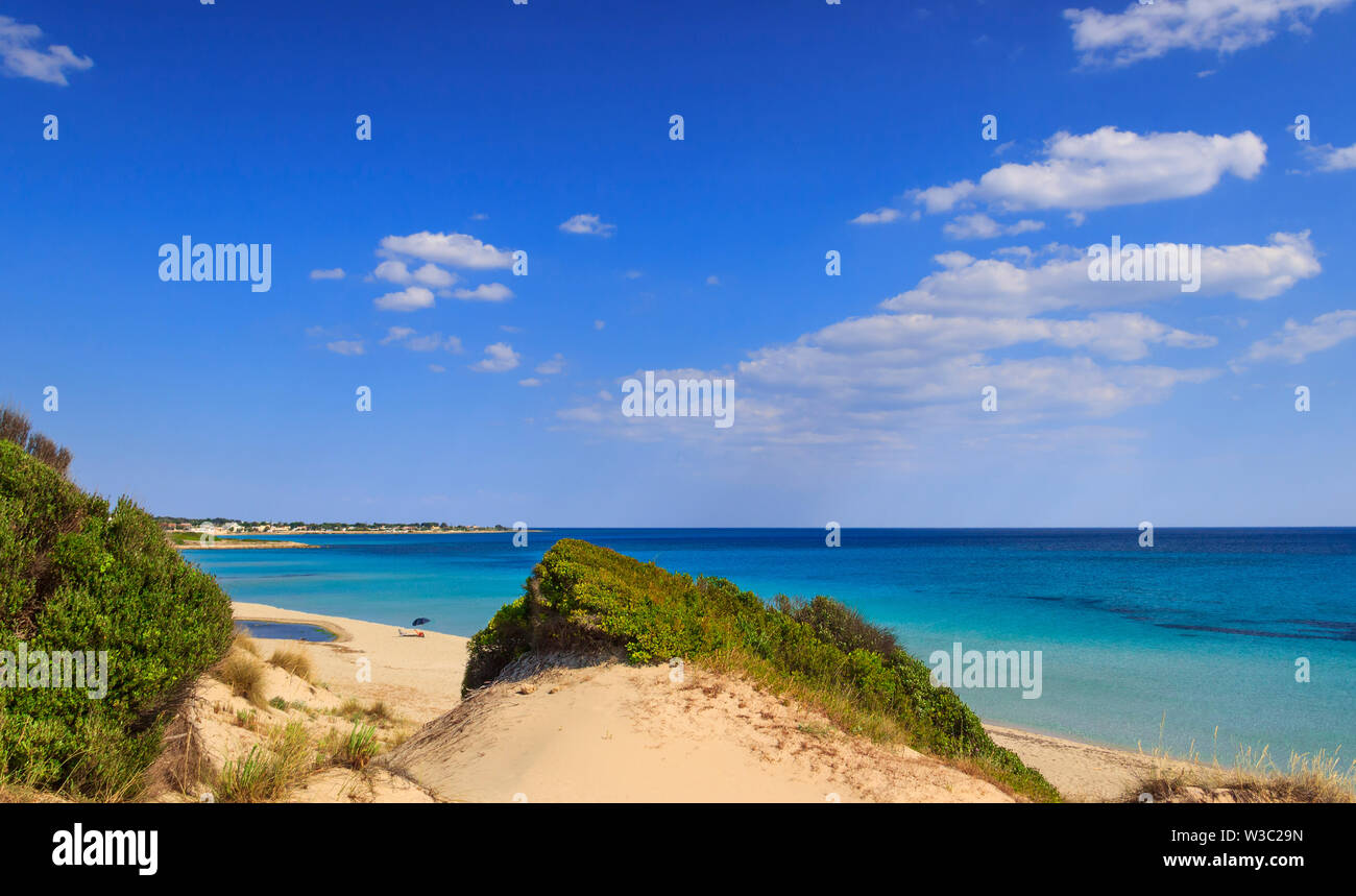 Summer seascape, Apulia coast: Marina di Lizzano beach (Taranto). The coastline is characterized by a alternation of sandy coves and jagged cliffs . Stock Photo