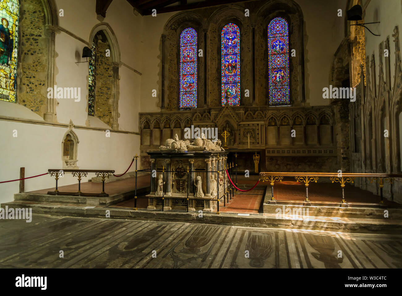 Atmospheric interior of the St Mary Magdalene parish church built in 13th century, Cobham, England, UK Stock Photo