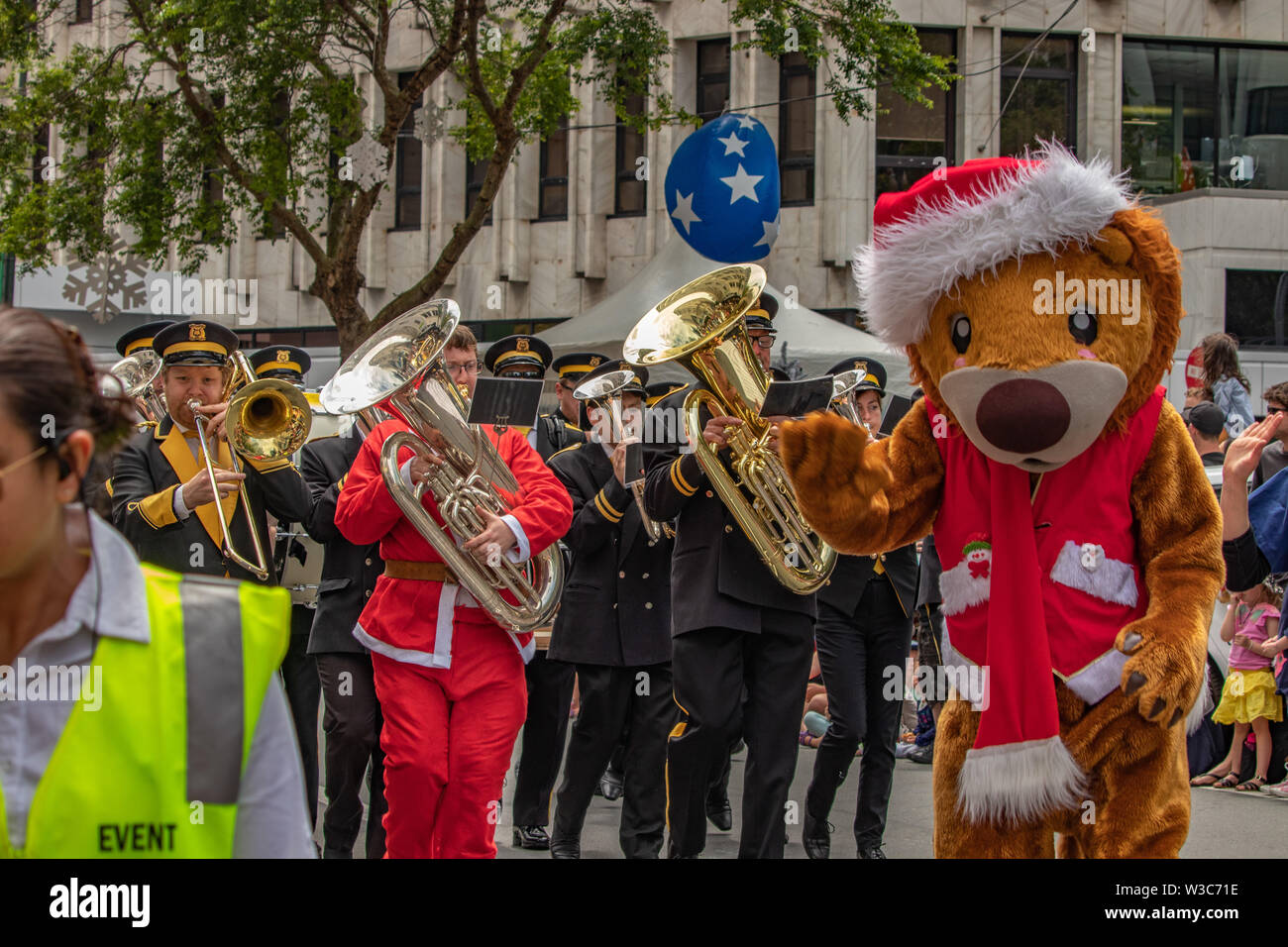 Brass Band and costumes at annual Santa Parade, Wellington, New Zealand