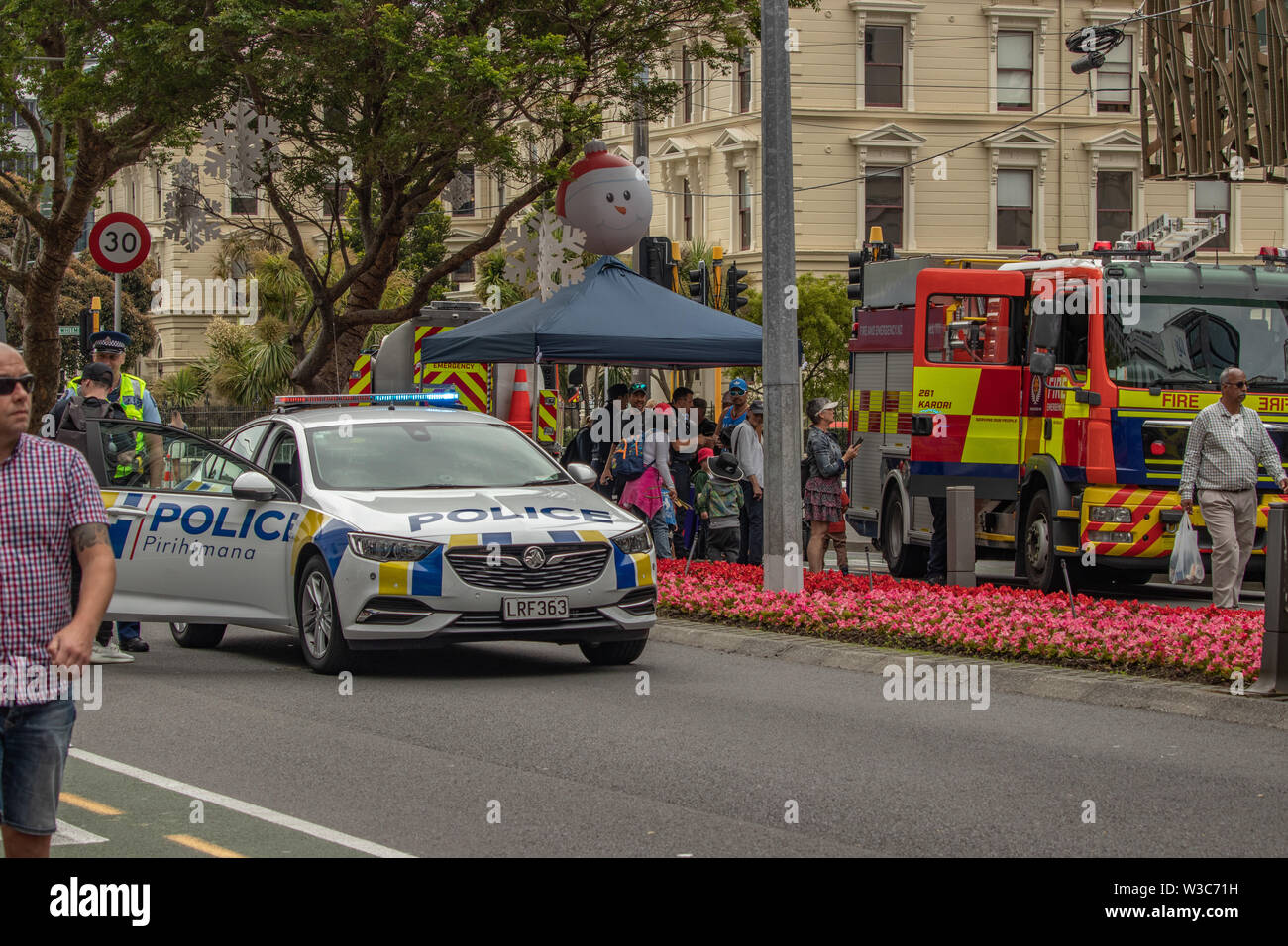 Emergency Services in support at annual Santa Parade, Wellington, New Zealand Stock Photo