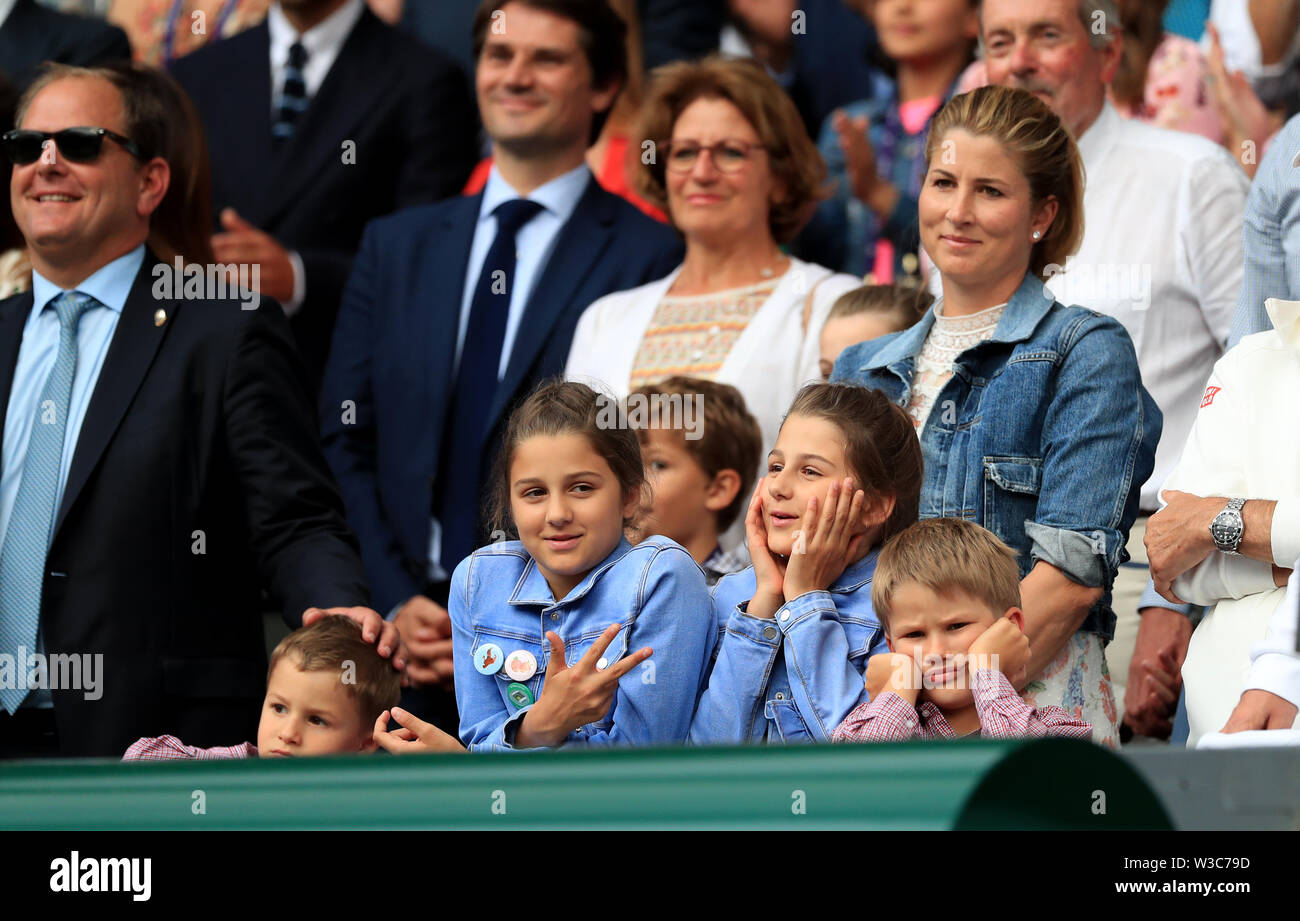 Roger Federer's wife Mirka with Children, Myla, Leo, Lenny and Charlene on  day thirteen of the Wimbledon Championships at the All England Lawn Tennis  and Croquet Club, Wimbledon Stock Photo - Alamy