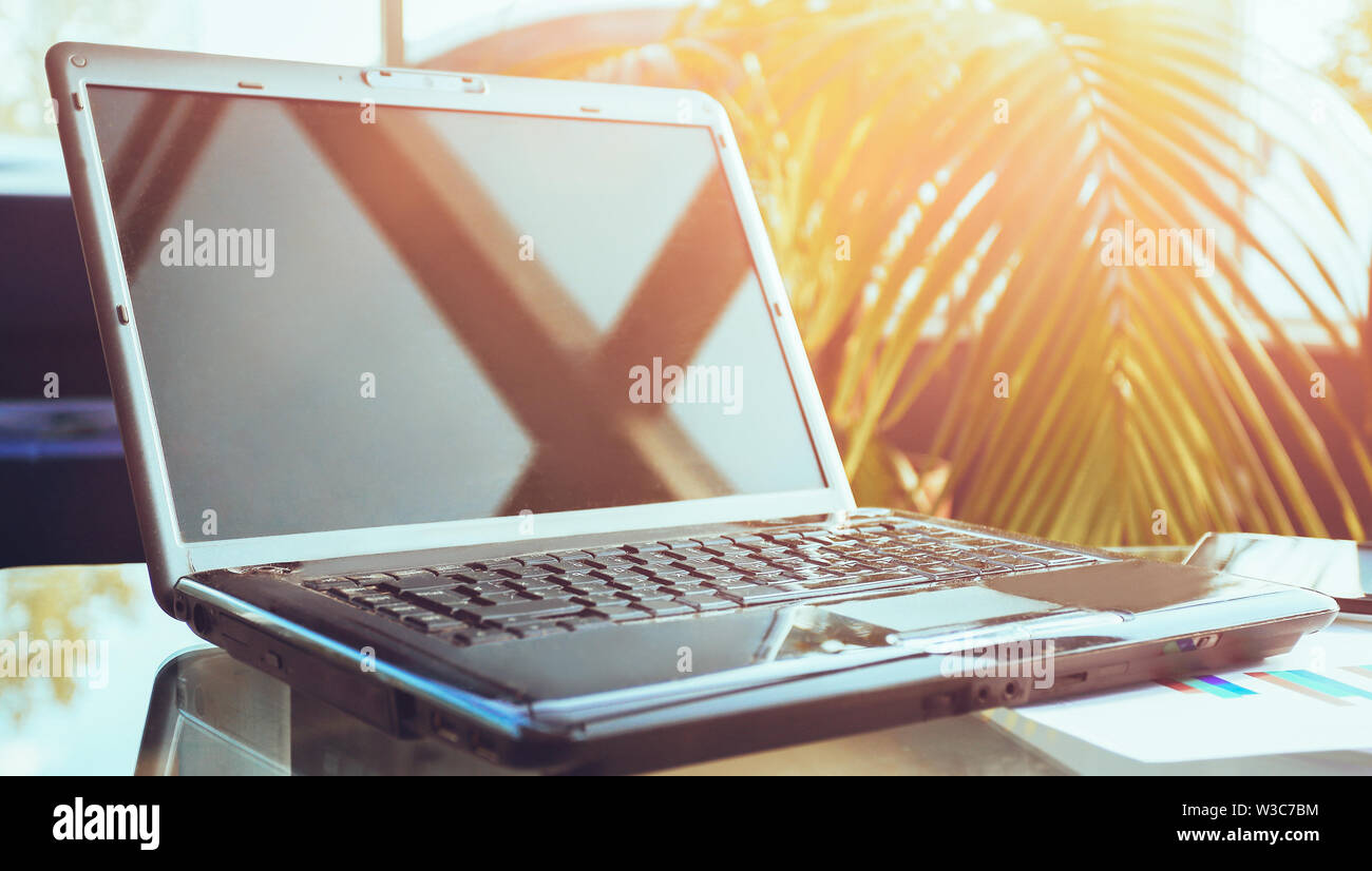 Closeup photo of laptop computer with open top. Blank screen Stock ...