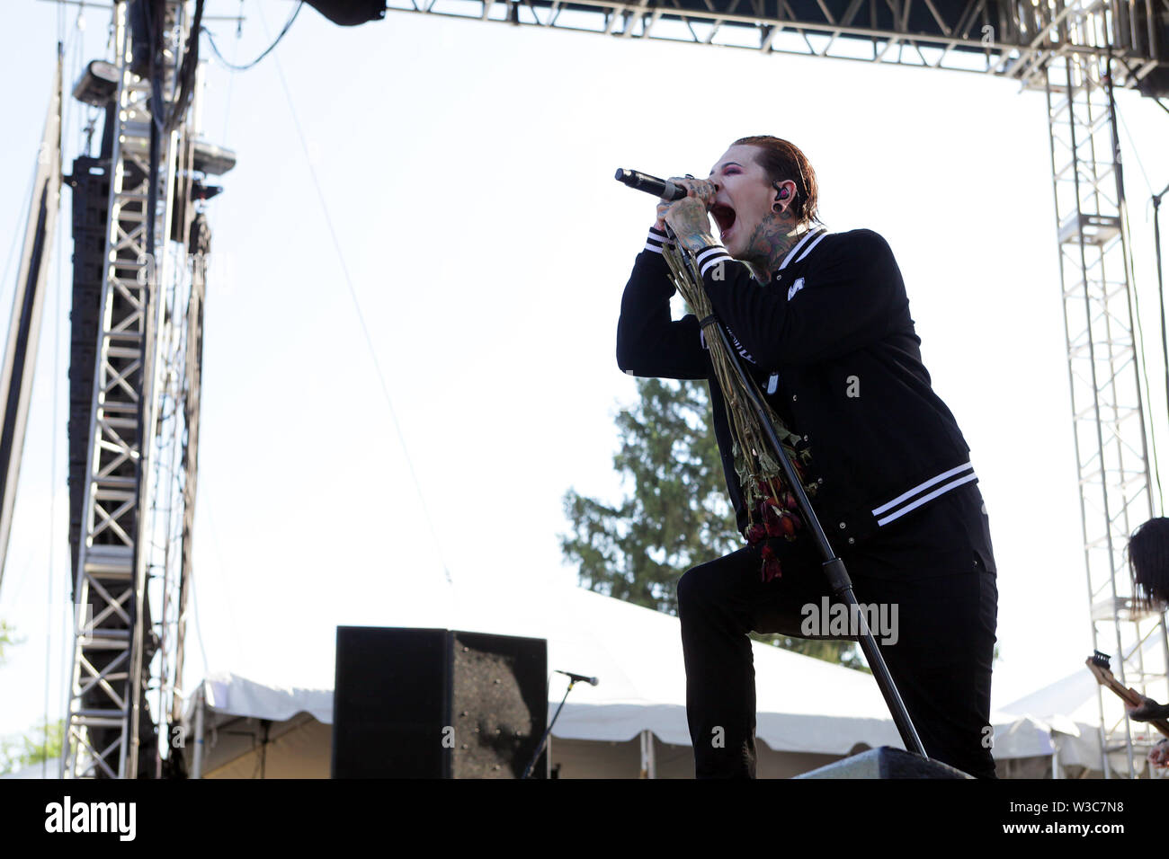 Chris Motionless lead singer of Motionless in white performs at