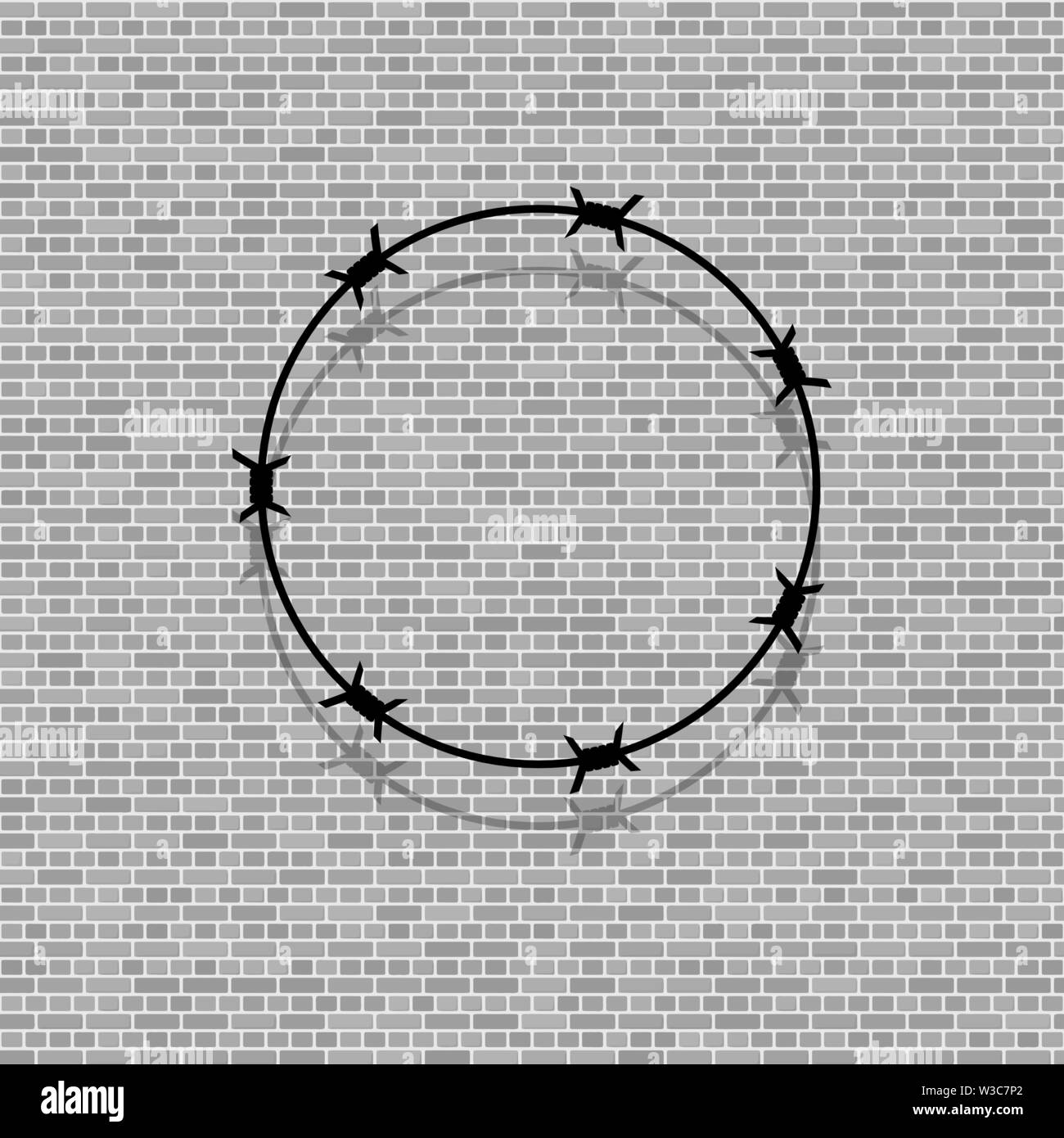 Barbed Wire Circle on Grey Brick Background. Stylized Prison Concept. Symbol of Not Freedom. Metal Frame Round Stock Vector