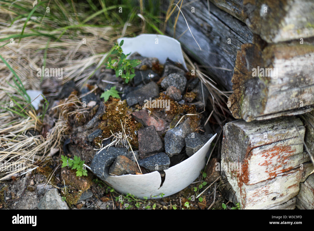 Broken plastic bowl filled with rocks outside an old weathered log sauna at abandoned farmstead in Ylöjärvi, Finland Stock Photo