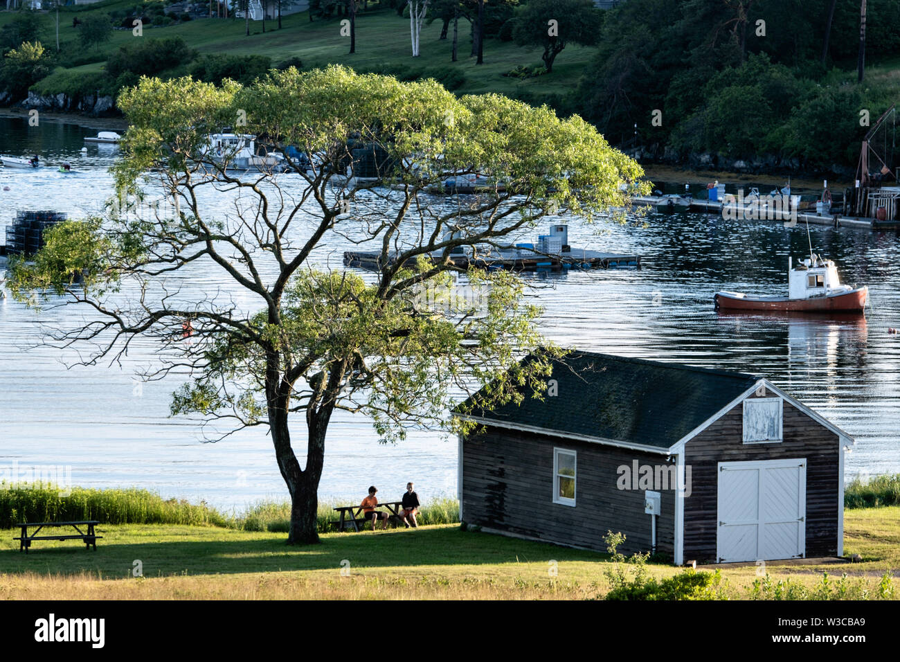 Children sit at a picnic table in Johnson Field along Mackerel Cove, Bailey Island on a summers day in Harpswell, Maine. Stock Photo