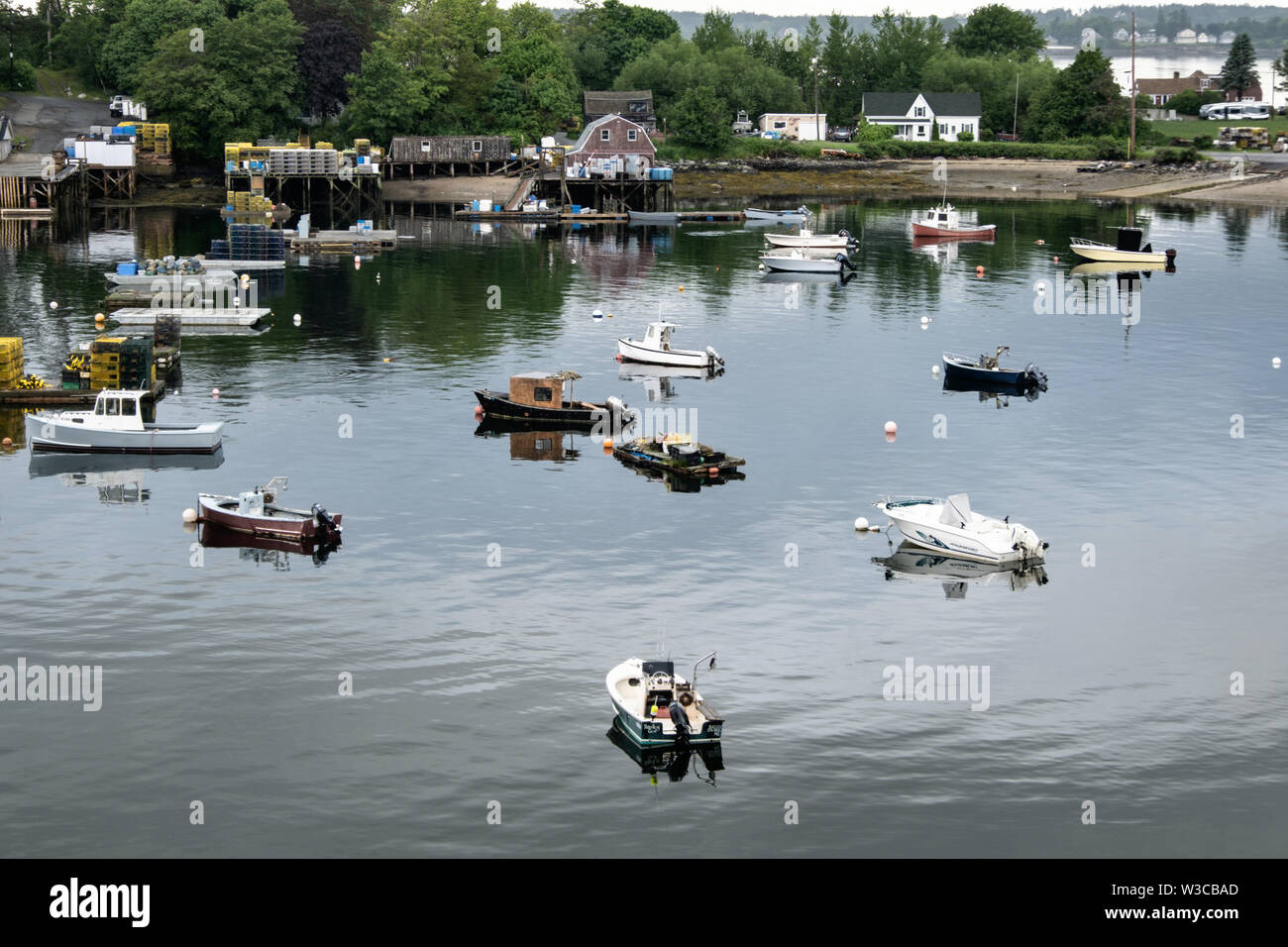 Lobster fishing boats moored in Mackerel Cove on Bailey Island on a