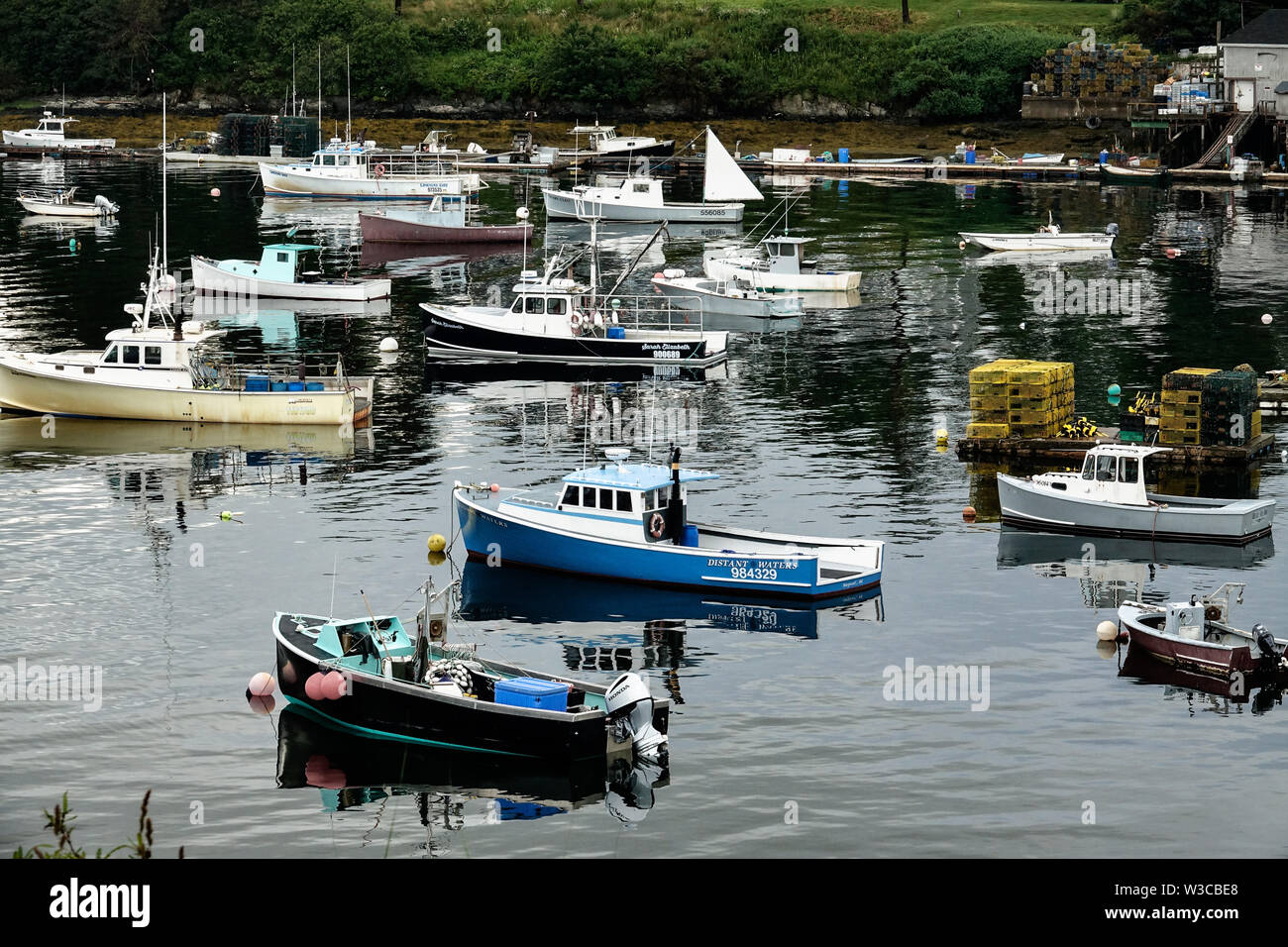 Lobster fishing boats moored in Mackerel Cove on Bailey Island on a