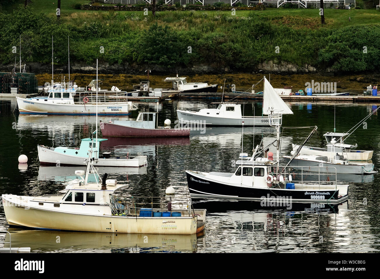 Lobster fishing boats moored in Mackerel Cove on Bailey Island on a summers day in Harpswell