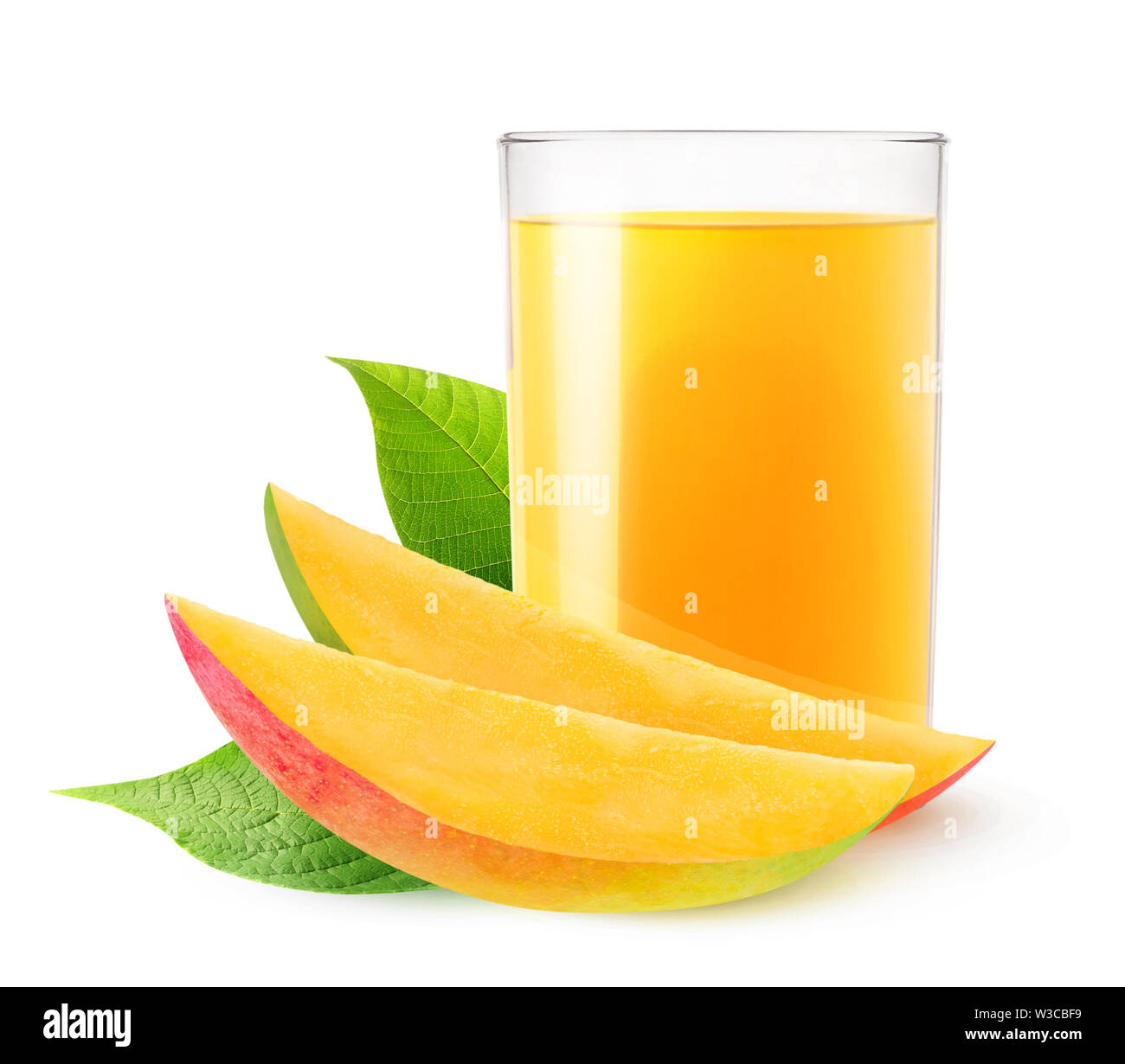 Isolated drink. Glass of mango juice and two slices of fresh fruit