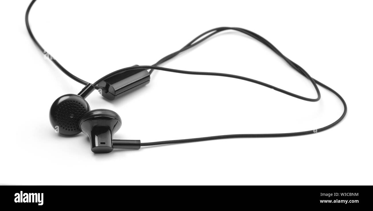 Black music earphones use for mobile phone on white background Stock Photo