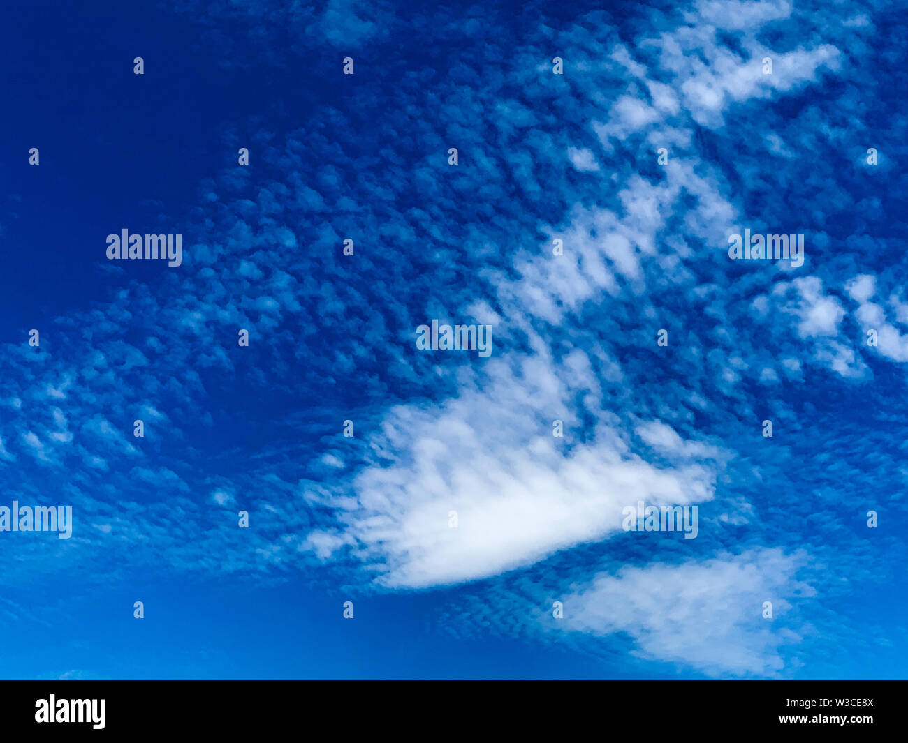 Cirrocumulus clouds are small rounded puffs that usually appear in long rows high in the sky. Cirrocumulus are usually white Stock Photo