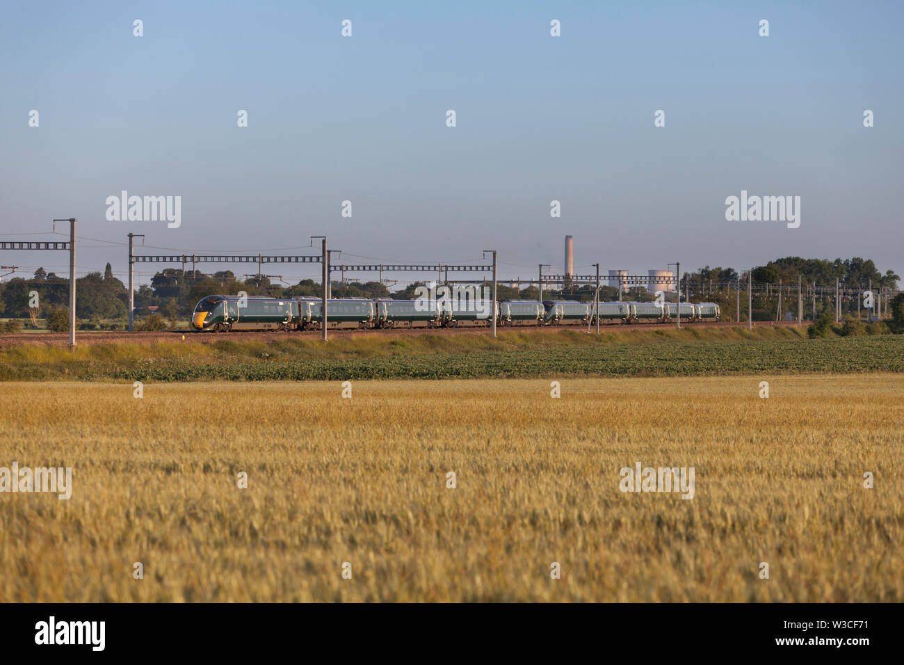 2 GWR Hitachi intercity express trains passing Cholsey (east of Didcot) on the Great Western