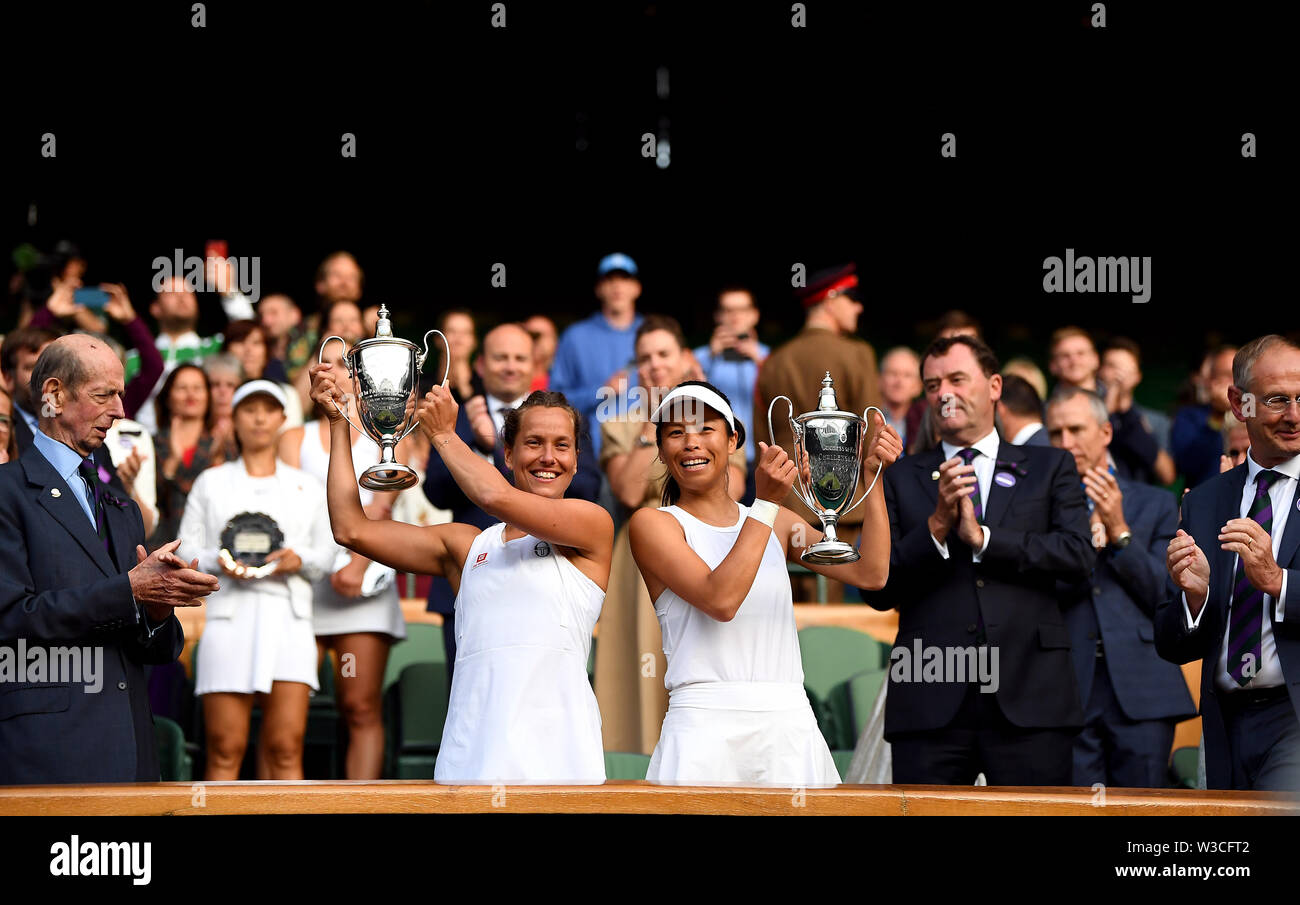 Barbora Strycova and Su-Wei Hsieh with the trophy after winning the