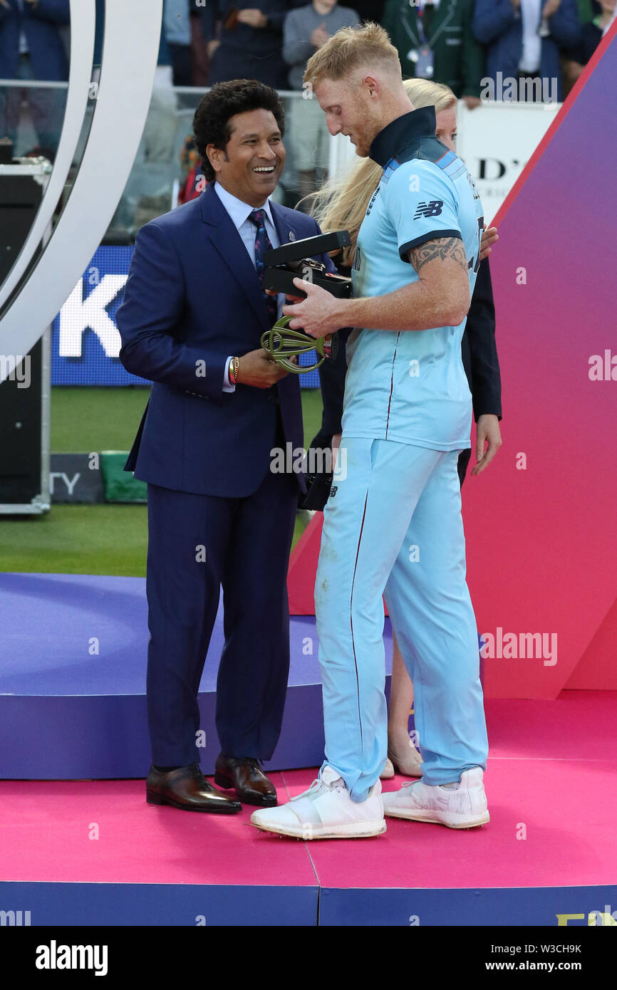 London, UK. 14th July 2019. ICC World Cup Cricket Final, England versus New Zealand; Ben Stokes shakes hands with Sachin Tendulkar as he wins the player of the match trophy Credit: Action Plus Sports Images/Alamy Live News Stock Photo