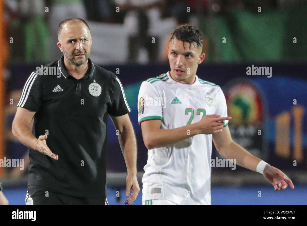 Cairo, Egypt. 14th July, 2019. Algeria's national team coach Djamel Belmadi (L) and Ismael Bennacer react during the 2019 Africa Cup of Nations semi-final soccer match between Algeria and Nigeria at the Cairo International Stadium. Credit: Oliver Weiken/dpa/Alamy Live News Stock Photo