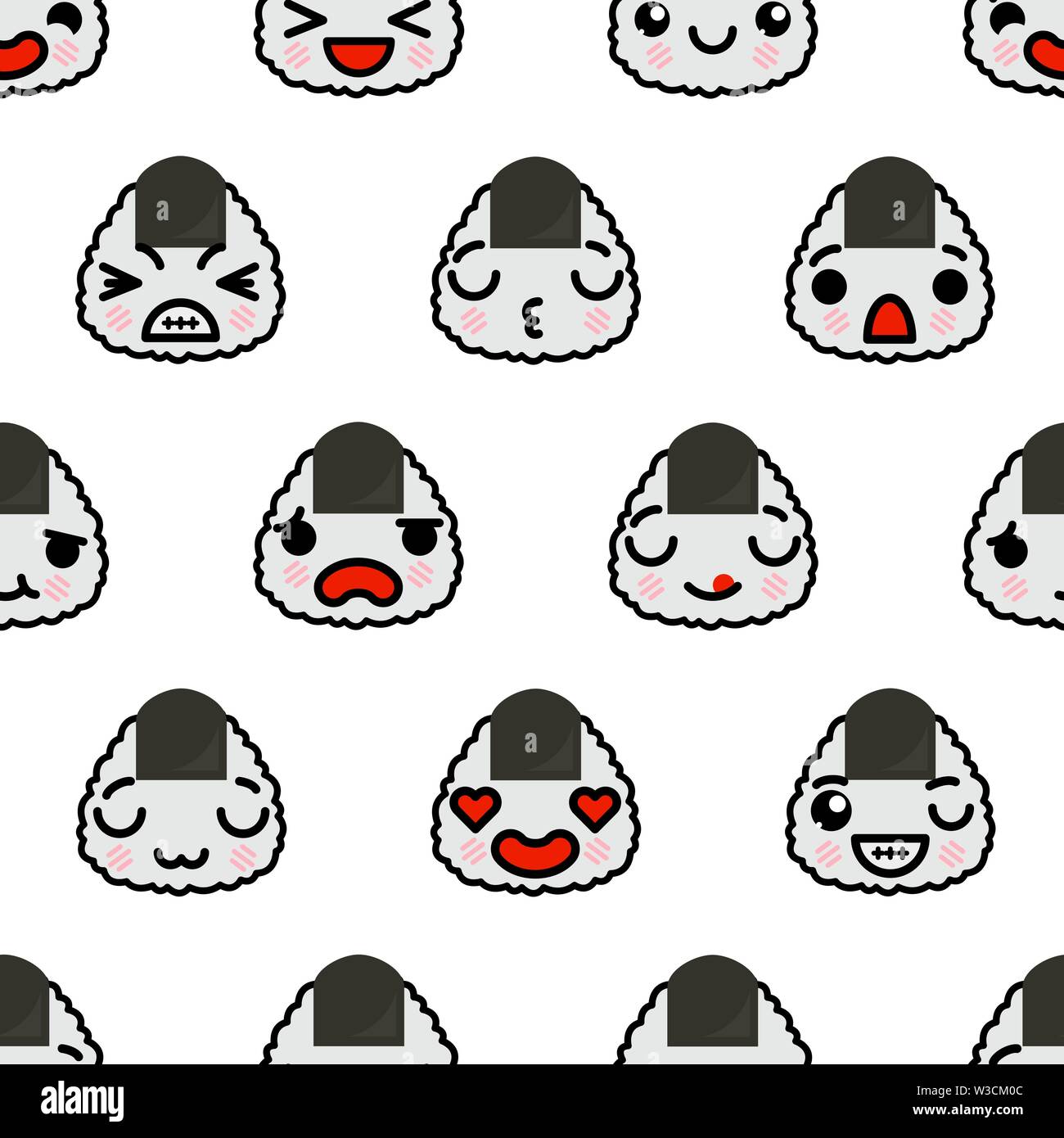 Seamless pattern with cute kawaii emoji onigiri vector cartoon ...