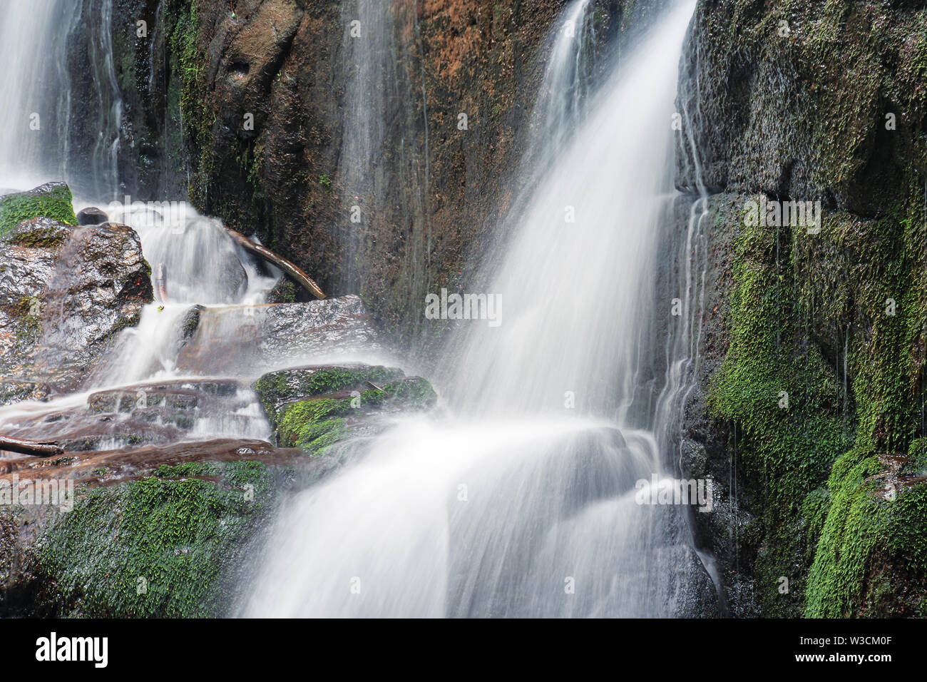 close up details of waterfall stream. rapid flow with long exposure. wet mossy boulders. fallen foliage branches and sticks. refreshing nature backgro Stock Photo