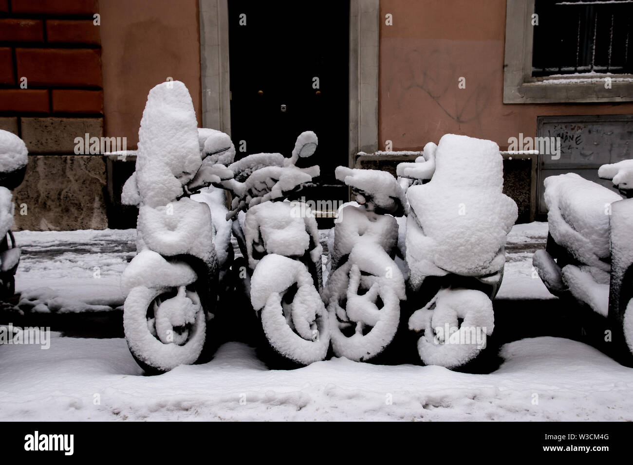 The streets of Rome, Italy turned into a winter wonderland after a heavy snow fall. Stock Photo