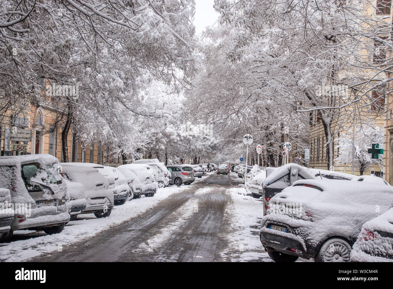 The streets of Rome, Italy turned into a winter wonderland after a heavy snow fall. Stock Photo
