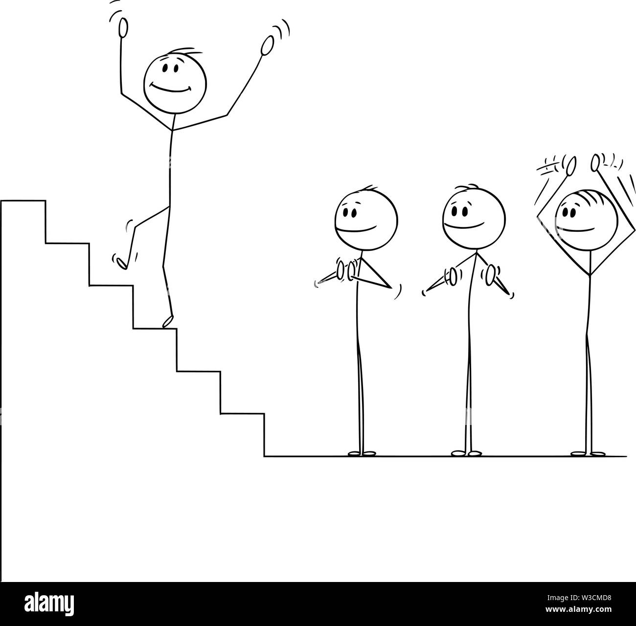 Vector cartoon stick figure drawing conceptual illustration of businessman climbing up the stairs to fall down to abyss, while business team is applauding and clapping. Stock Vector