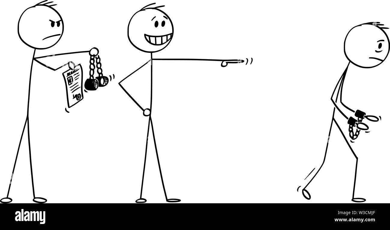 Vector cartoon stick figure drawing conceptual illustration of businessman making a mock or ridicule to man going to jail with handcuffs on hands, while policeman is going to arrest him too. Stock Vector
