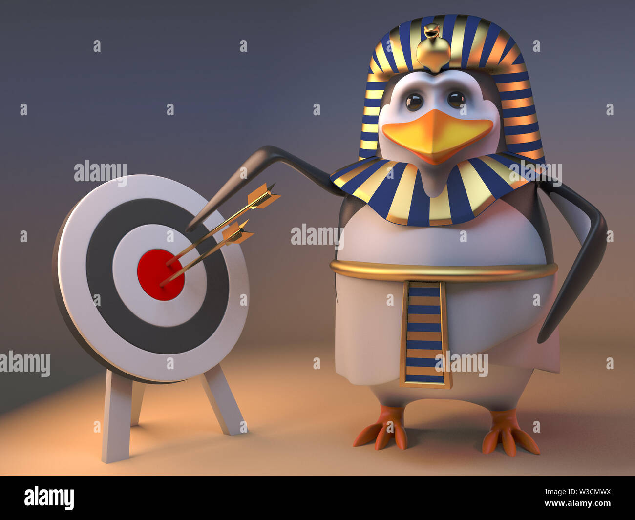 Funny Cartoon 3d Penguin Pharaoh Tutankhamun Points To The Bullseye On 